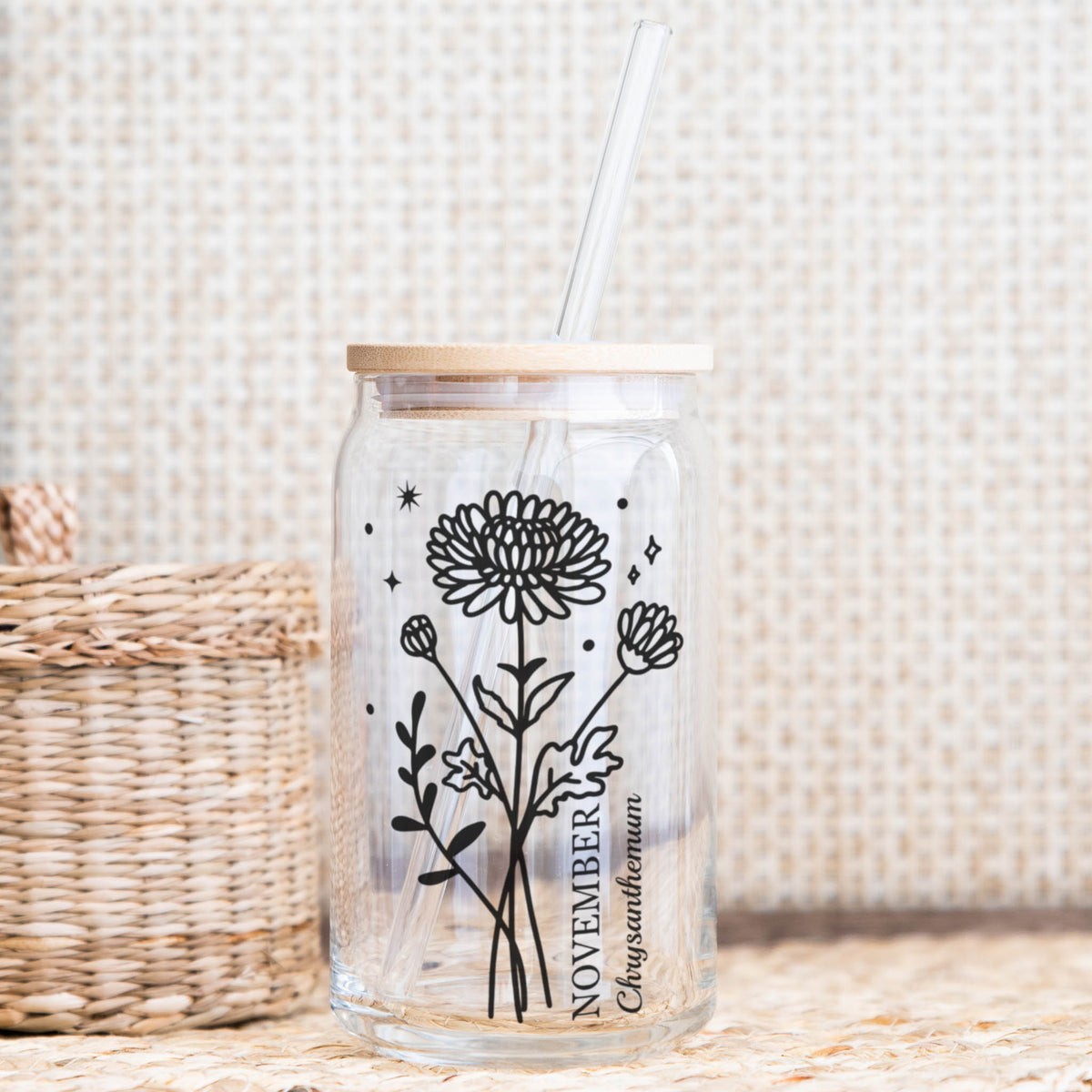 November chrysanthemum birth flower Libby glass with bamboo lid and straw