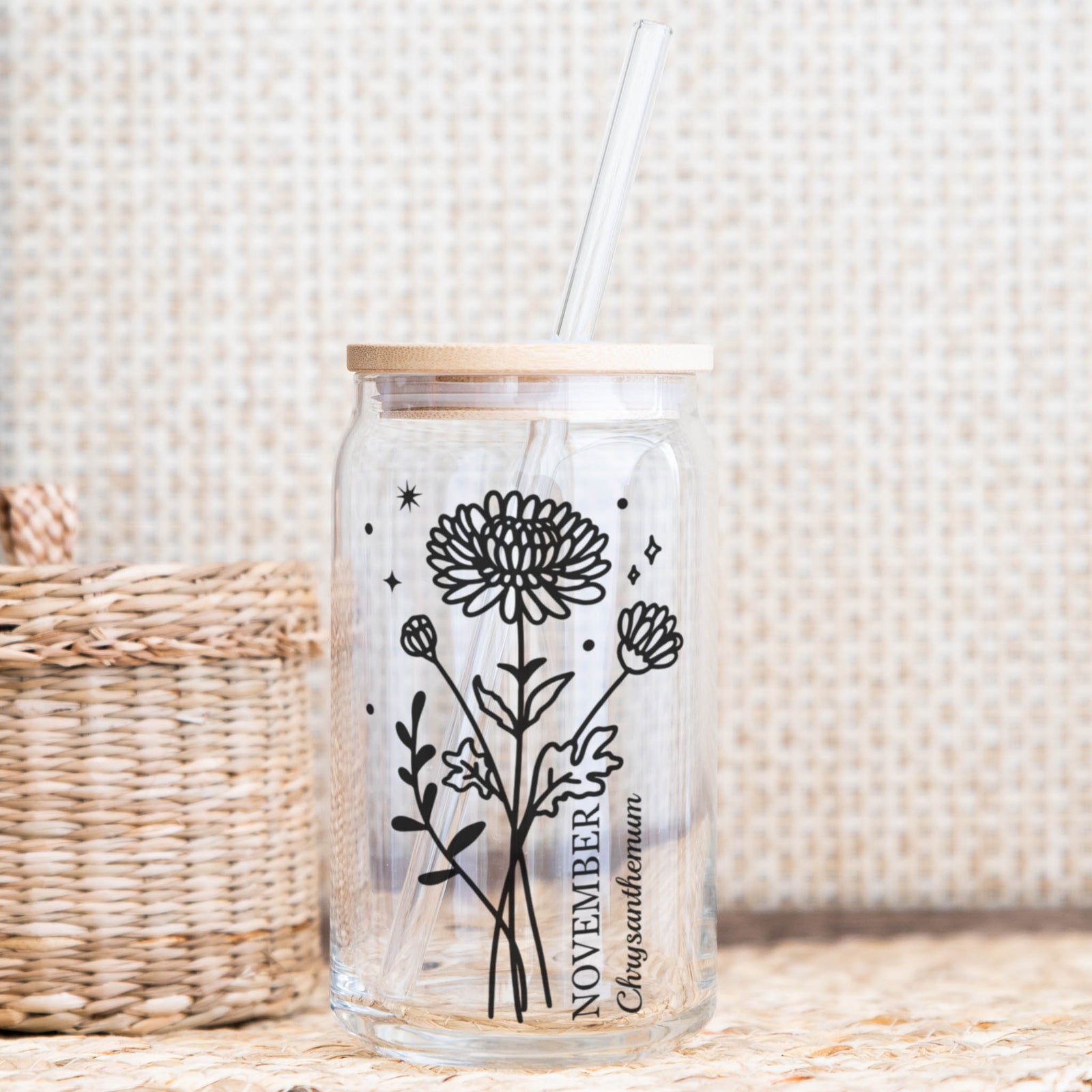 November chrysanthemum birth flower Libby glass with bamboo lid and straw