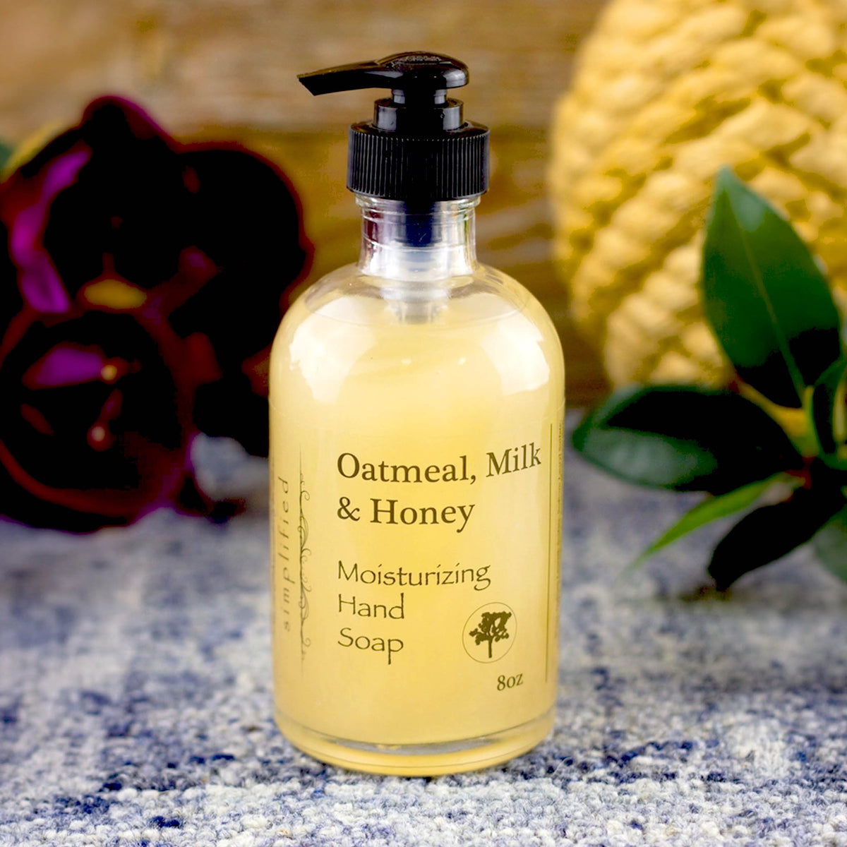 Oatmeal Milk & Honey Moisturizing Hand Soap in an 8 oz clear bottle with black pump dispenser.