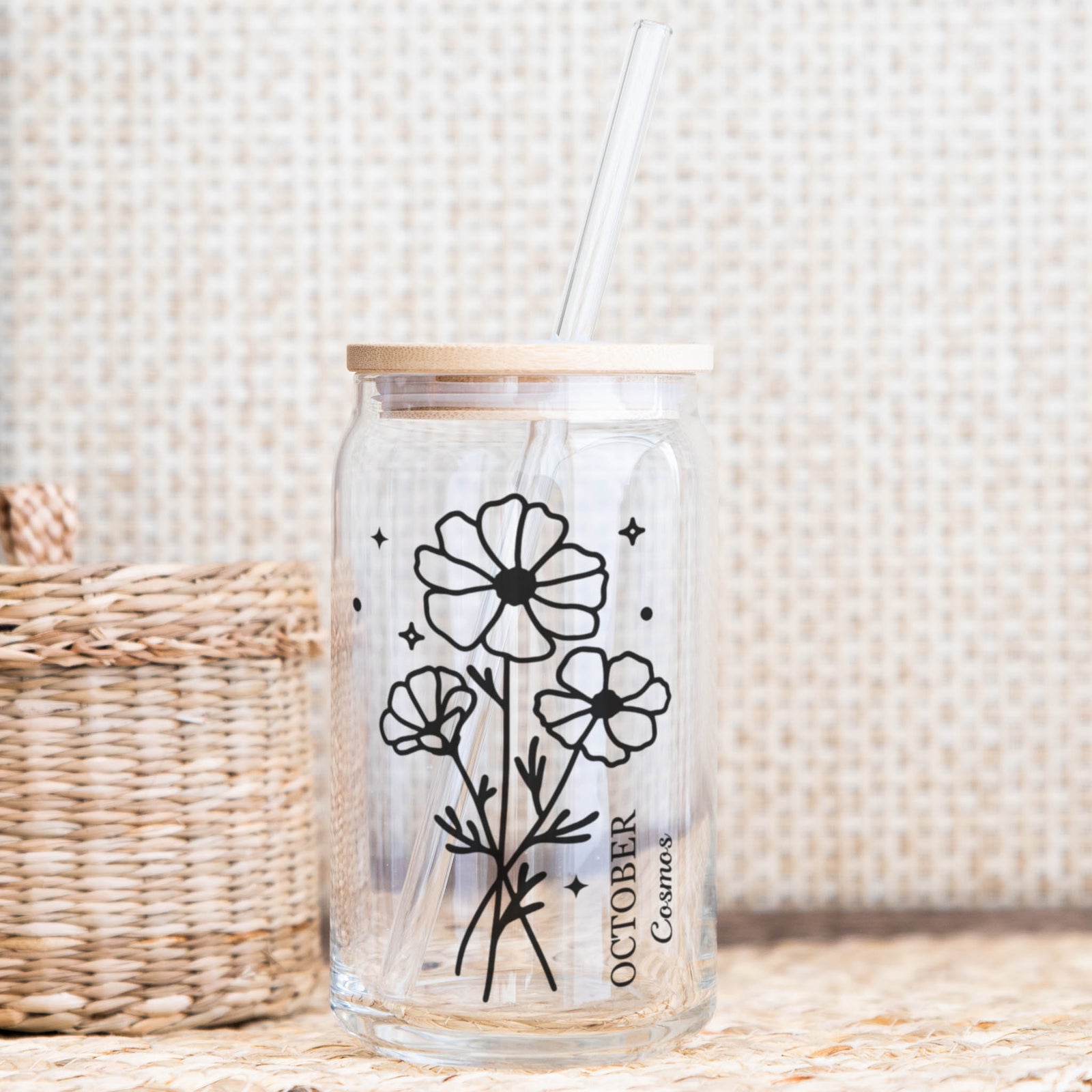 October Cosmos birth flower Libby glass with bamboo lid and glass straw