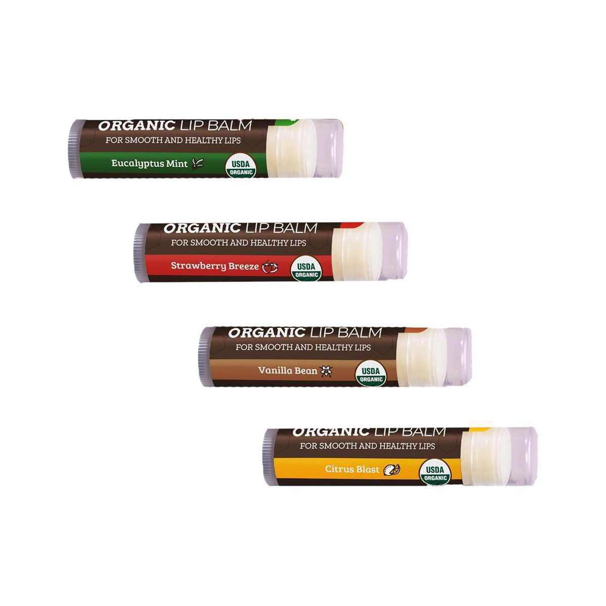assorted organic lip balm sticks in eucalyptus mint, strawberry, vanilla, and citrus scents