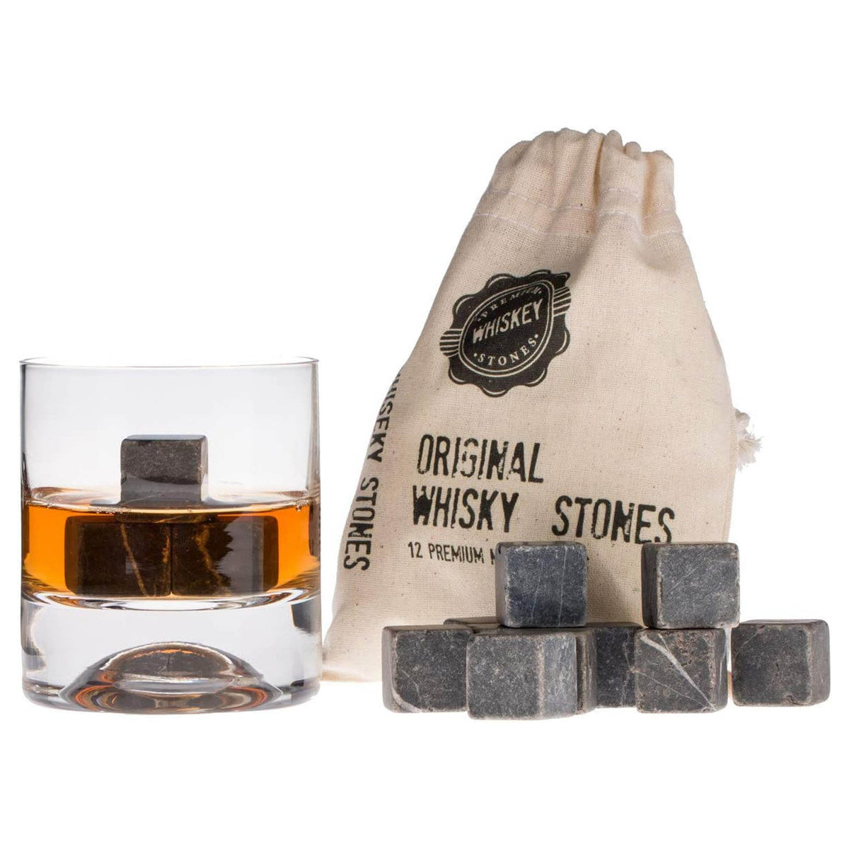 whiskey stones set with reusable stone cubes glass of whiskey and drawstring storage pouch