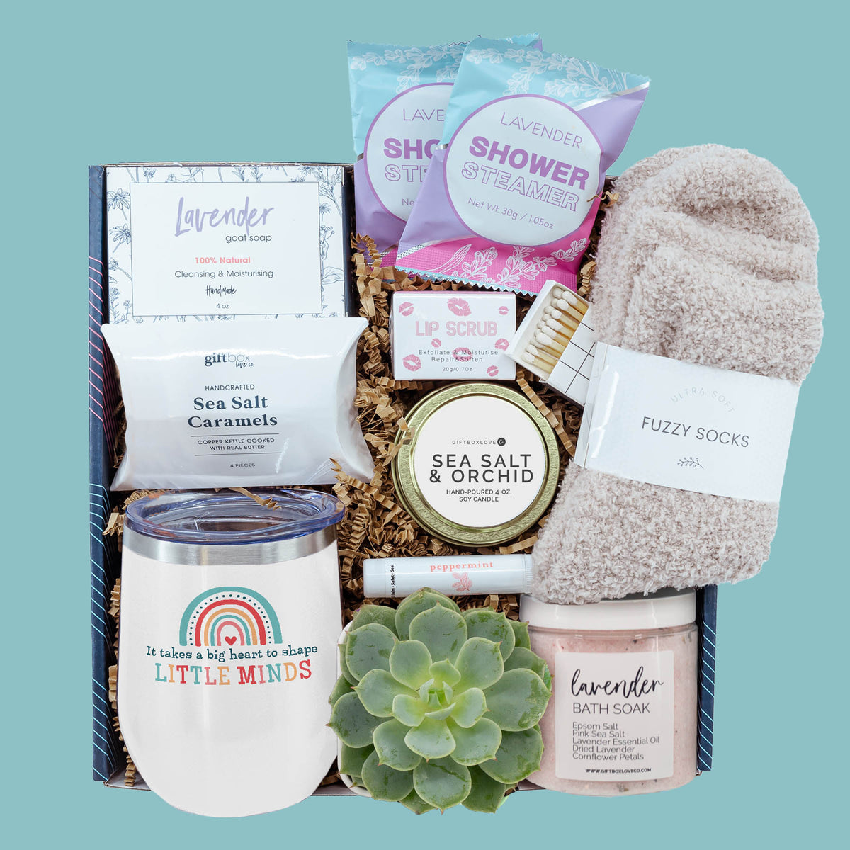 peaceful pamper for teacher gift box with tumbler lavender self care fuzzy socks succulent and candle