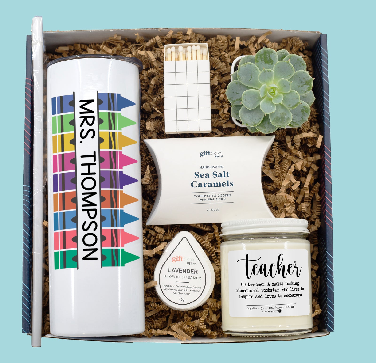 Teacher gift box with personalized crayon tumbler, candle, succulent, caramels, shower steamer, and matches
