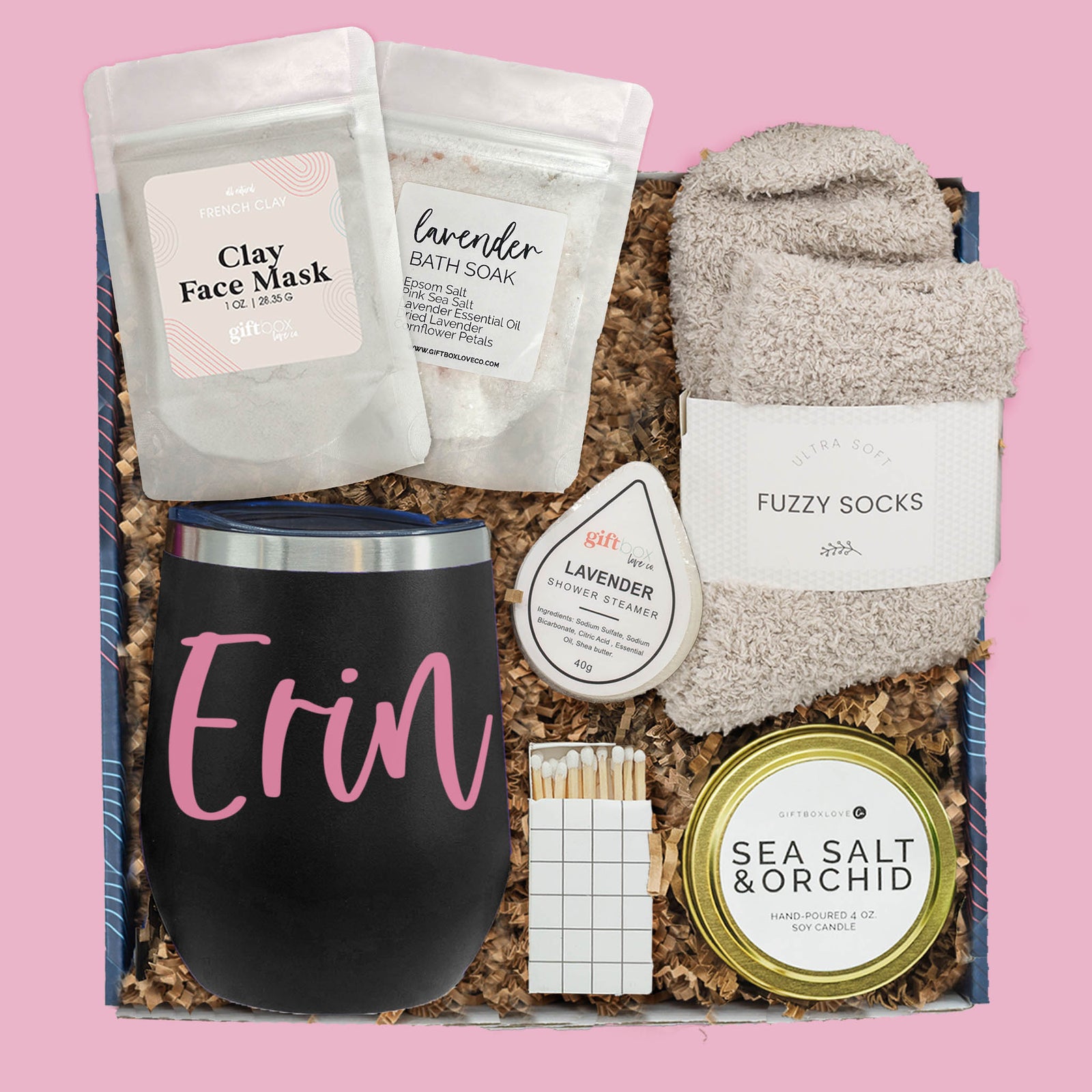 Personalized Easter spa gift box with tumbler, bath soak, candle, fuzzy socks and spa items