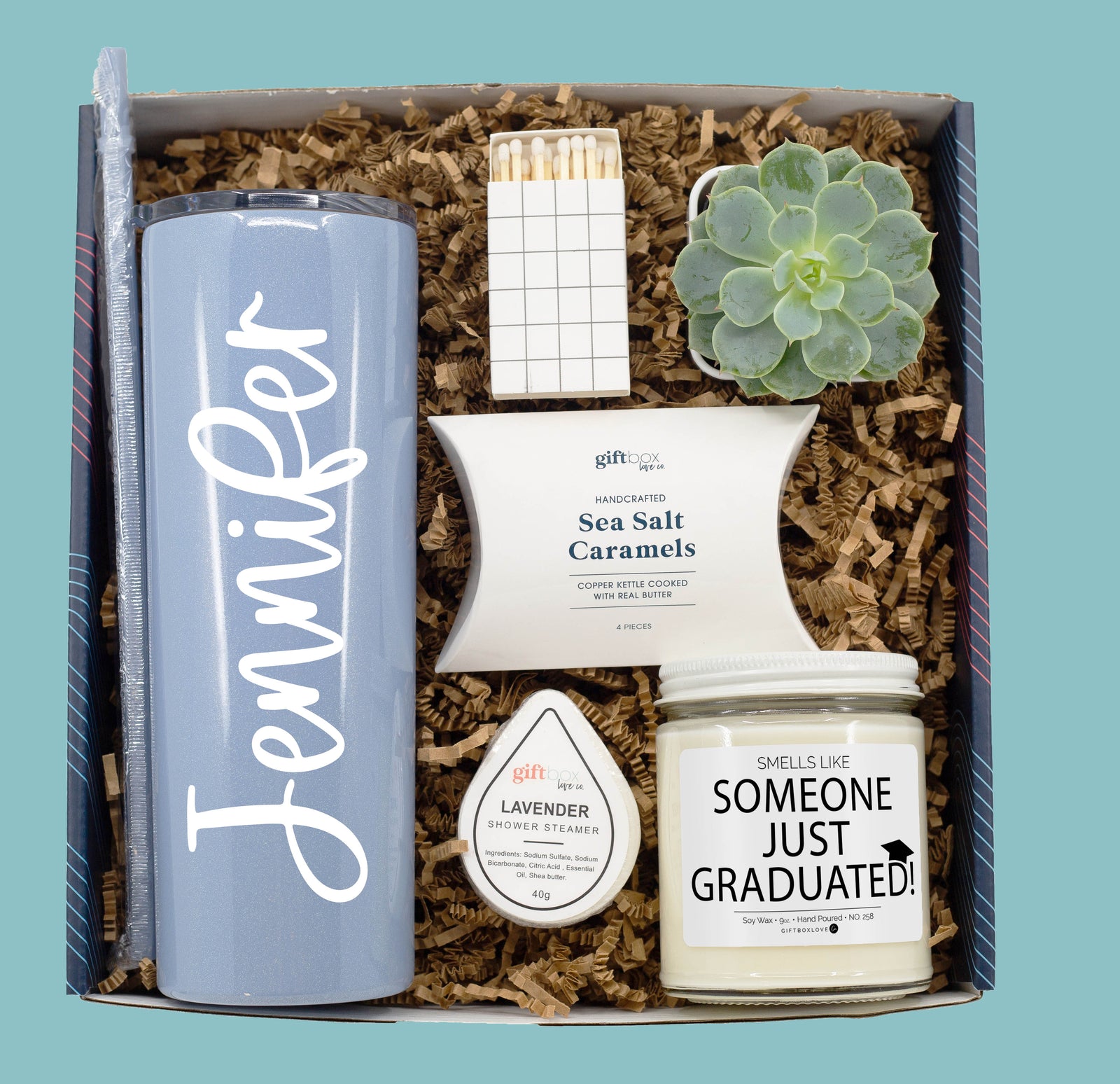 personalized graduation gift box with tumbler candle succulent and caramels