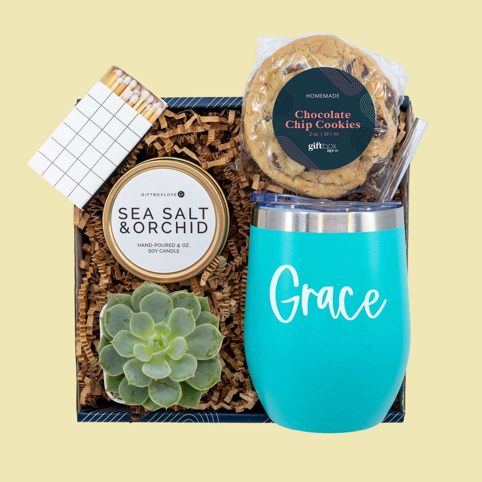 Personalized Easter gift box with custom tumbler, candle, succulent and cookie