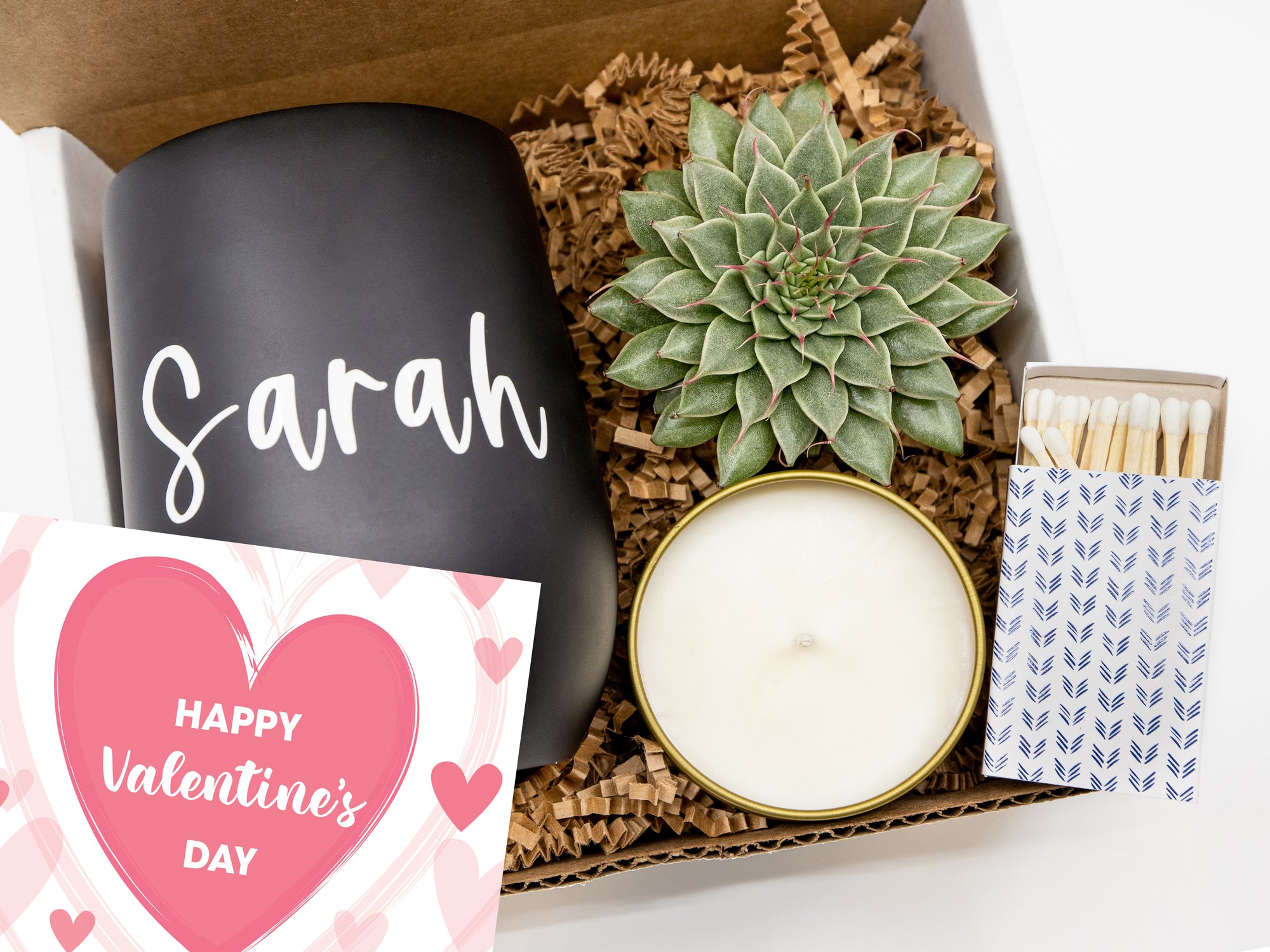 Personalized Tumbler Gift Box for Valentine’s Day featuring a tumbler, organic succulent, and aromatic candle, perfect for spreading love and appreciation.