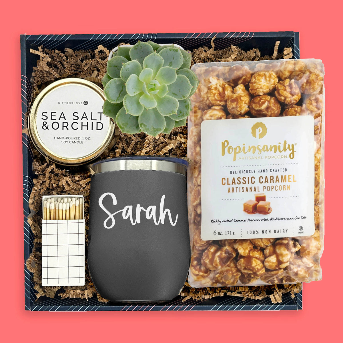 Personalized tumbler gift box with succulent, caramel popcorn, candle and matches