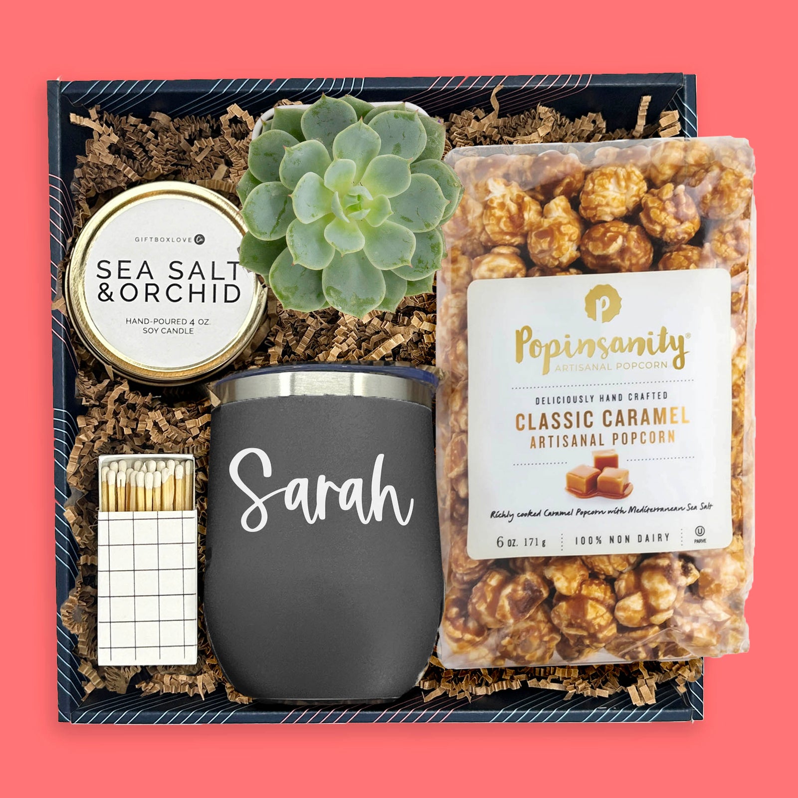 Personalized tumbler gift box with succulent, caramel popcorn, candle and matches