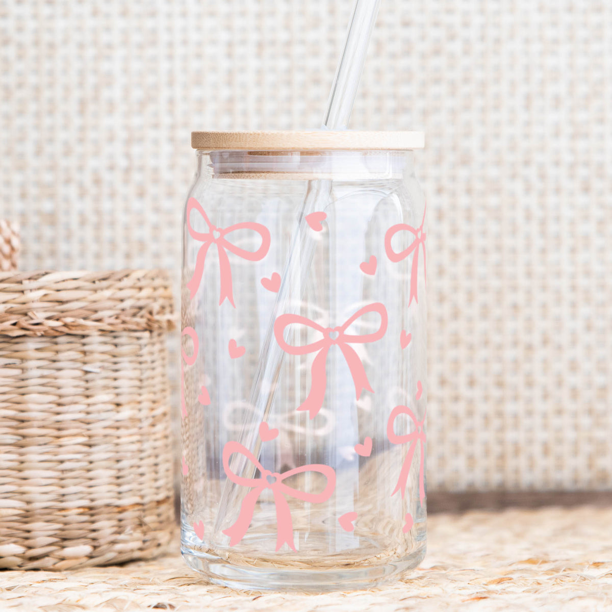 pink bow glass can cup with bamboo lid and glass straw