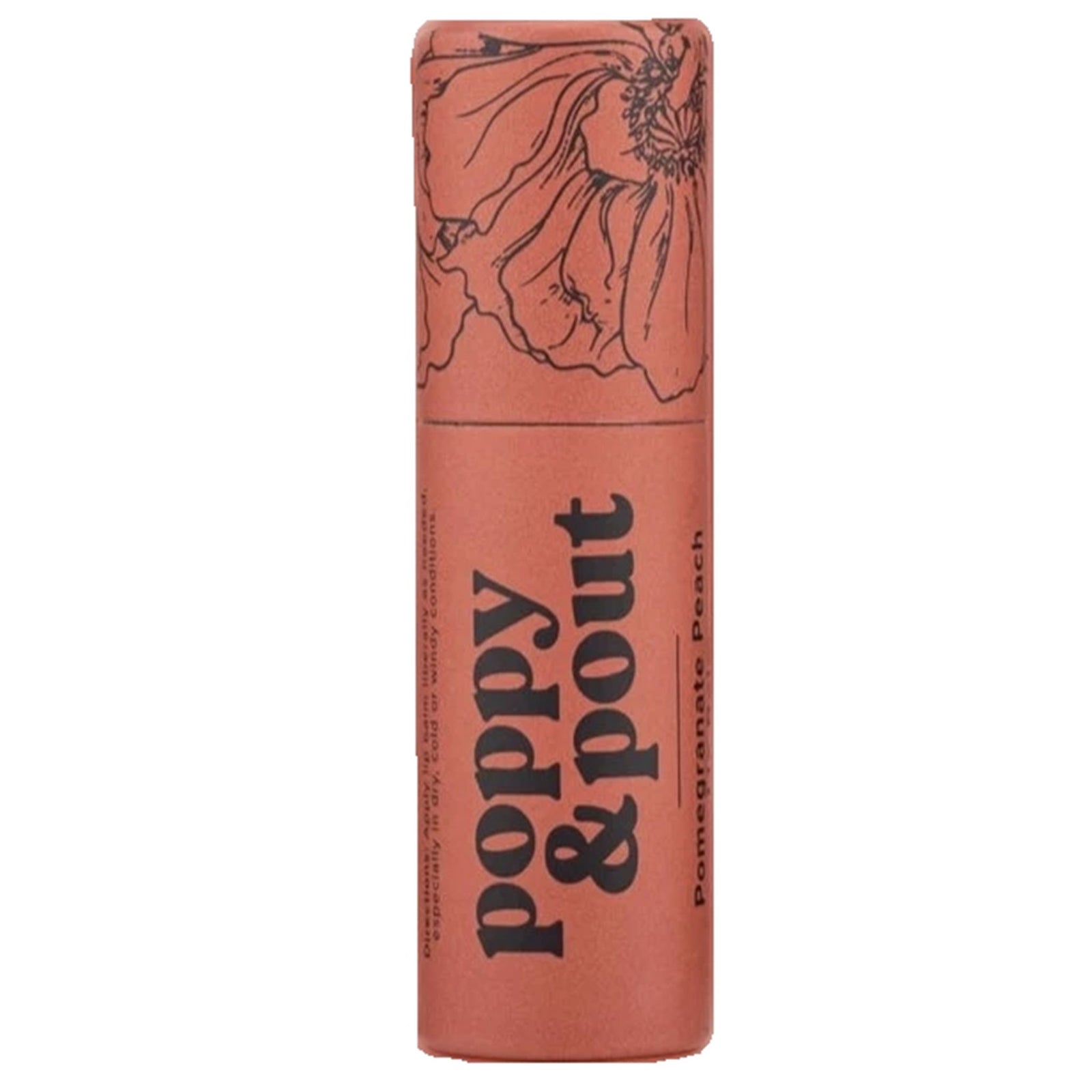 Poppy & Pout Pomegranate Peach lip balm in eco-friendly paper tube