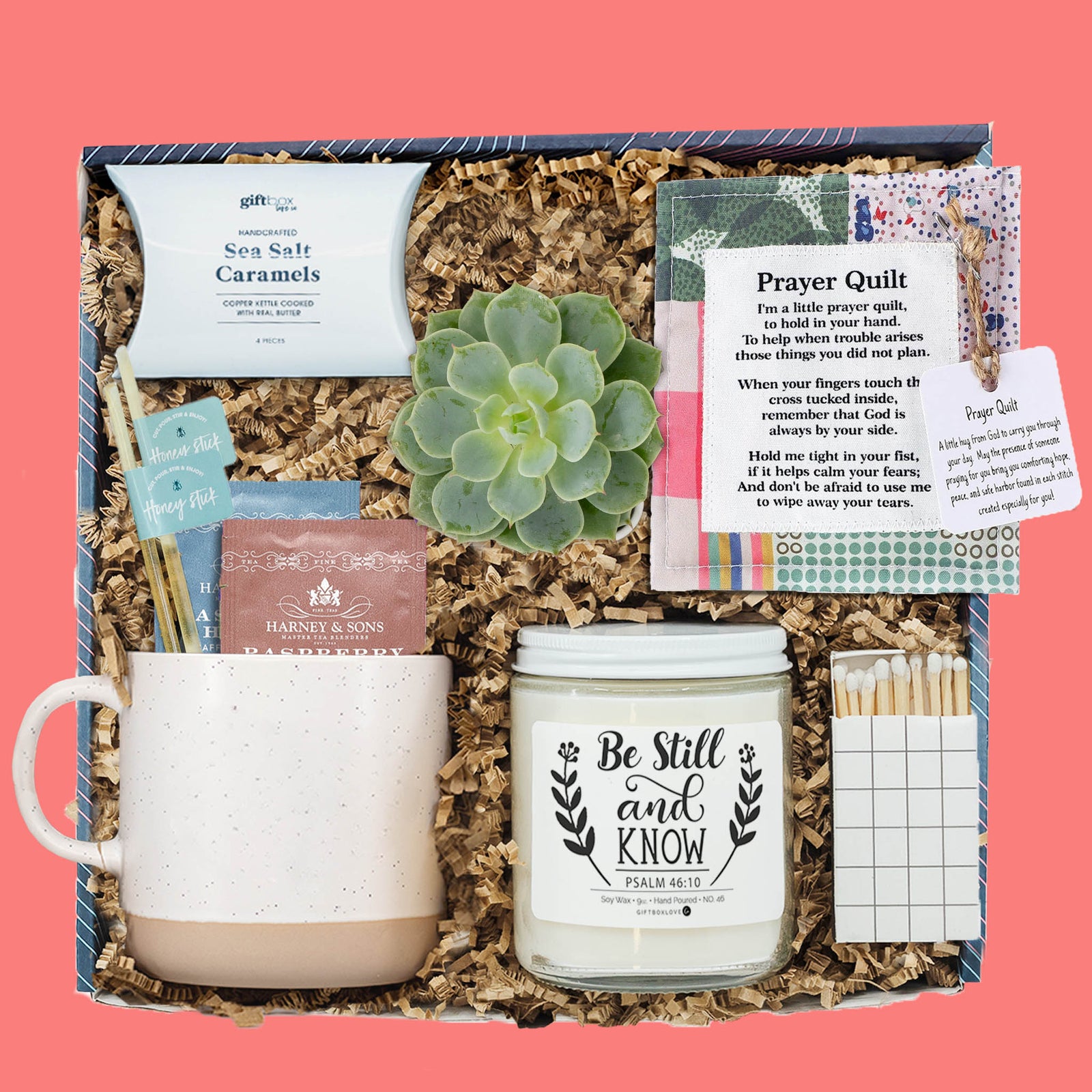 Prayer Gift Box with candle, succulent, prayer quilt, mug, tea, caramels, and honey sticks.