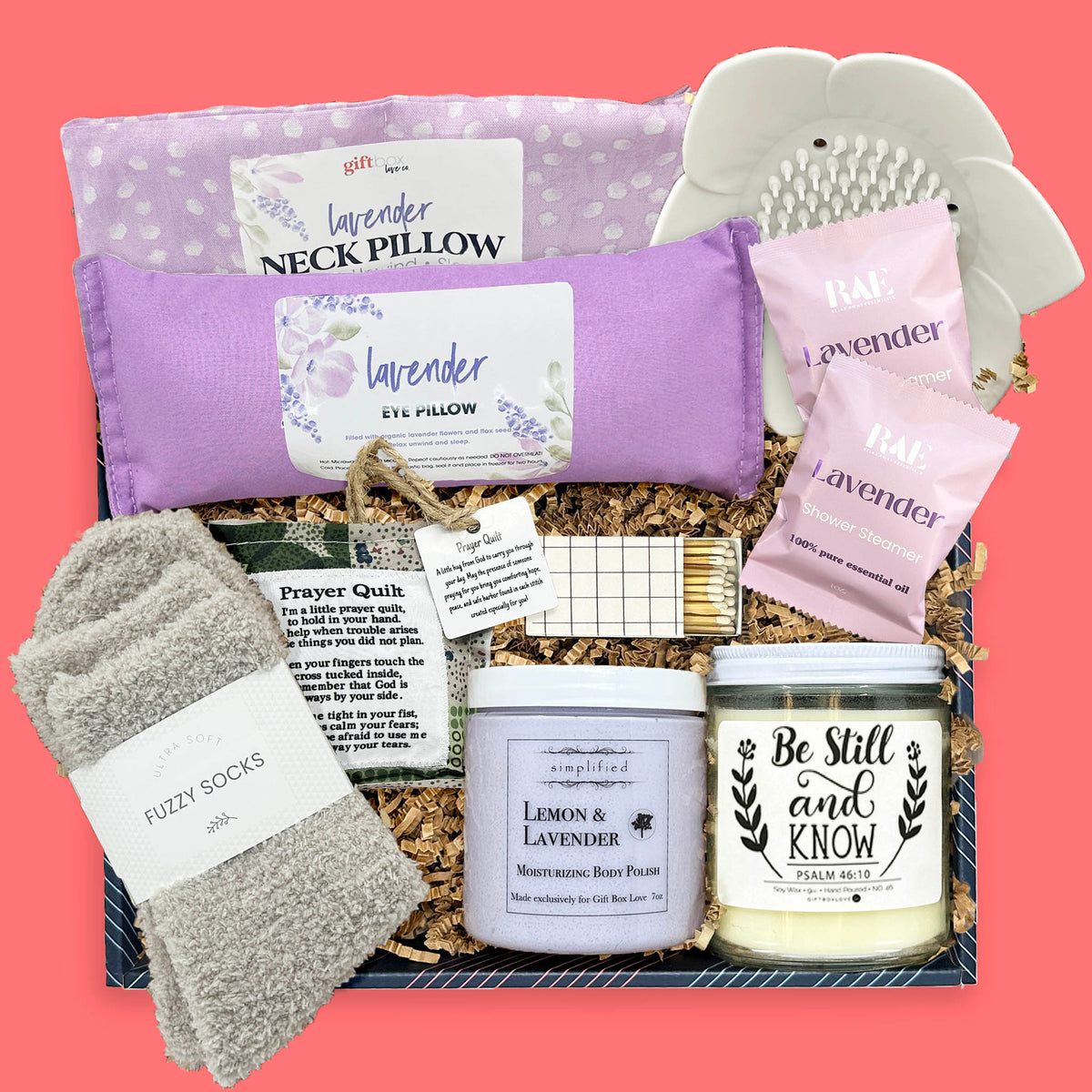 prayers for healing gift box with lavender neck pillow eye pillow prayer quilt scripture candle fuzzy socks and self-care essentials