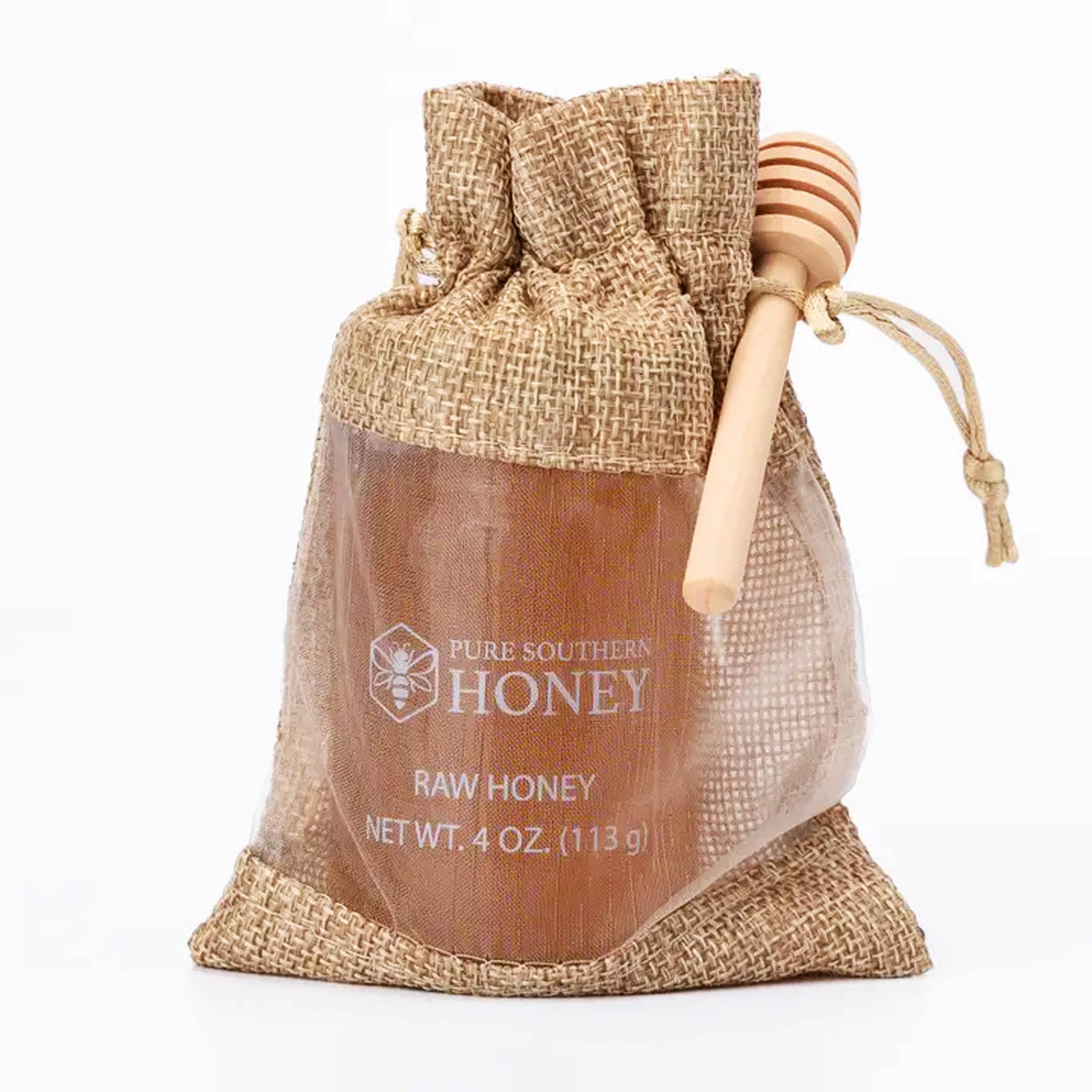 Pure Southern raw honey in burlap gift bag with wooden honey dipper