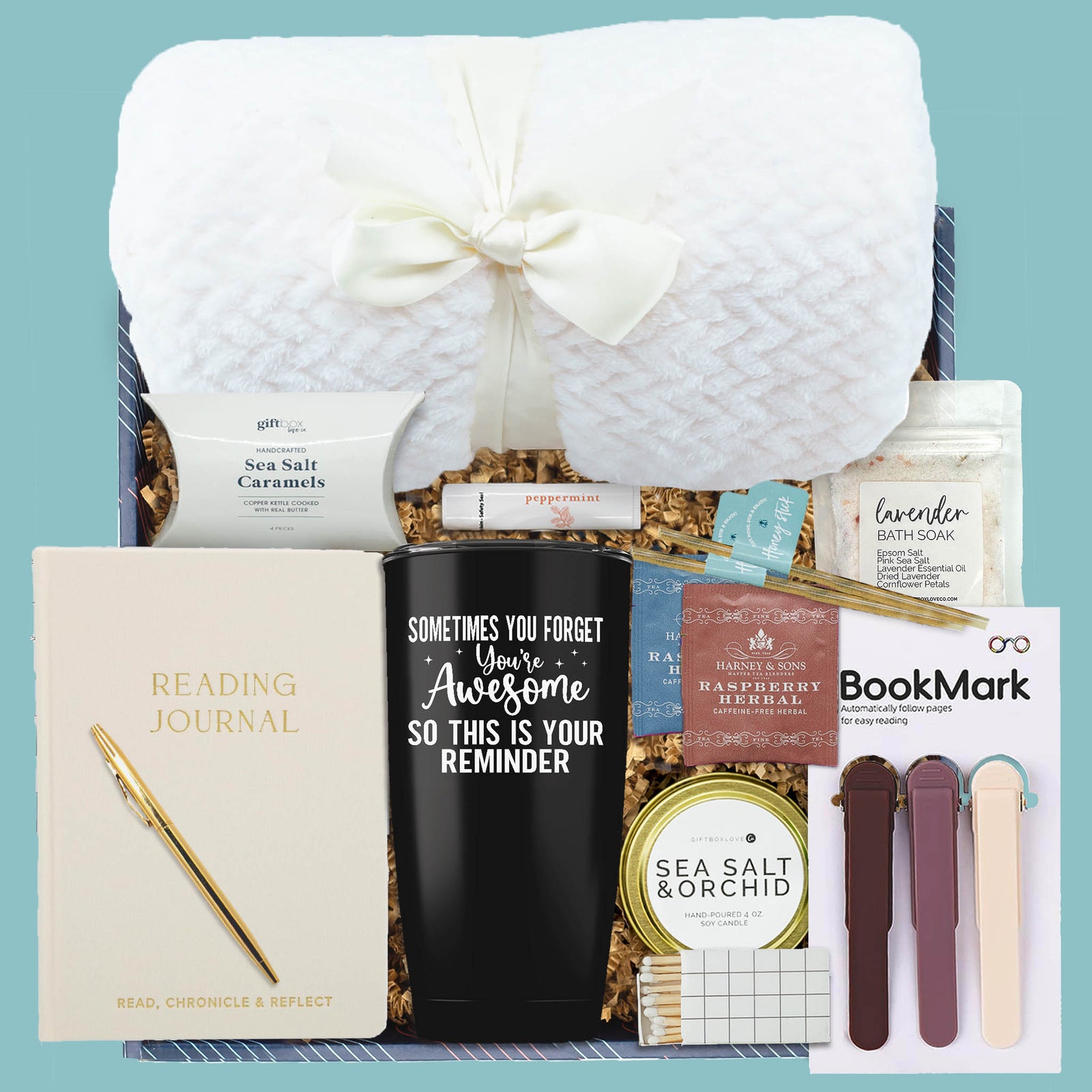 Read Relax Recharge Gift Box with blanket, tumbler, journal, candle, and treats