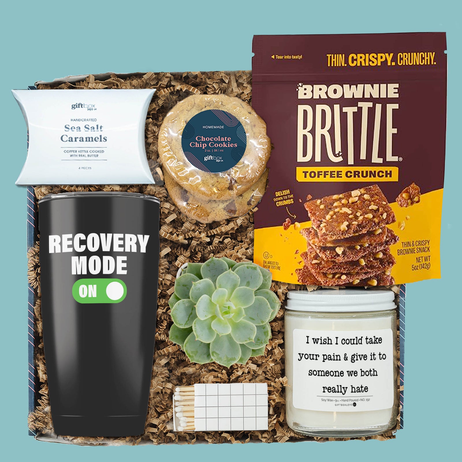 Recovery Get Well gift box with tumbler, candle, cookies, brownie brittle, caramels, and succulent.