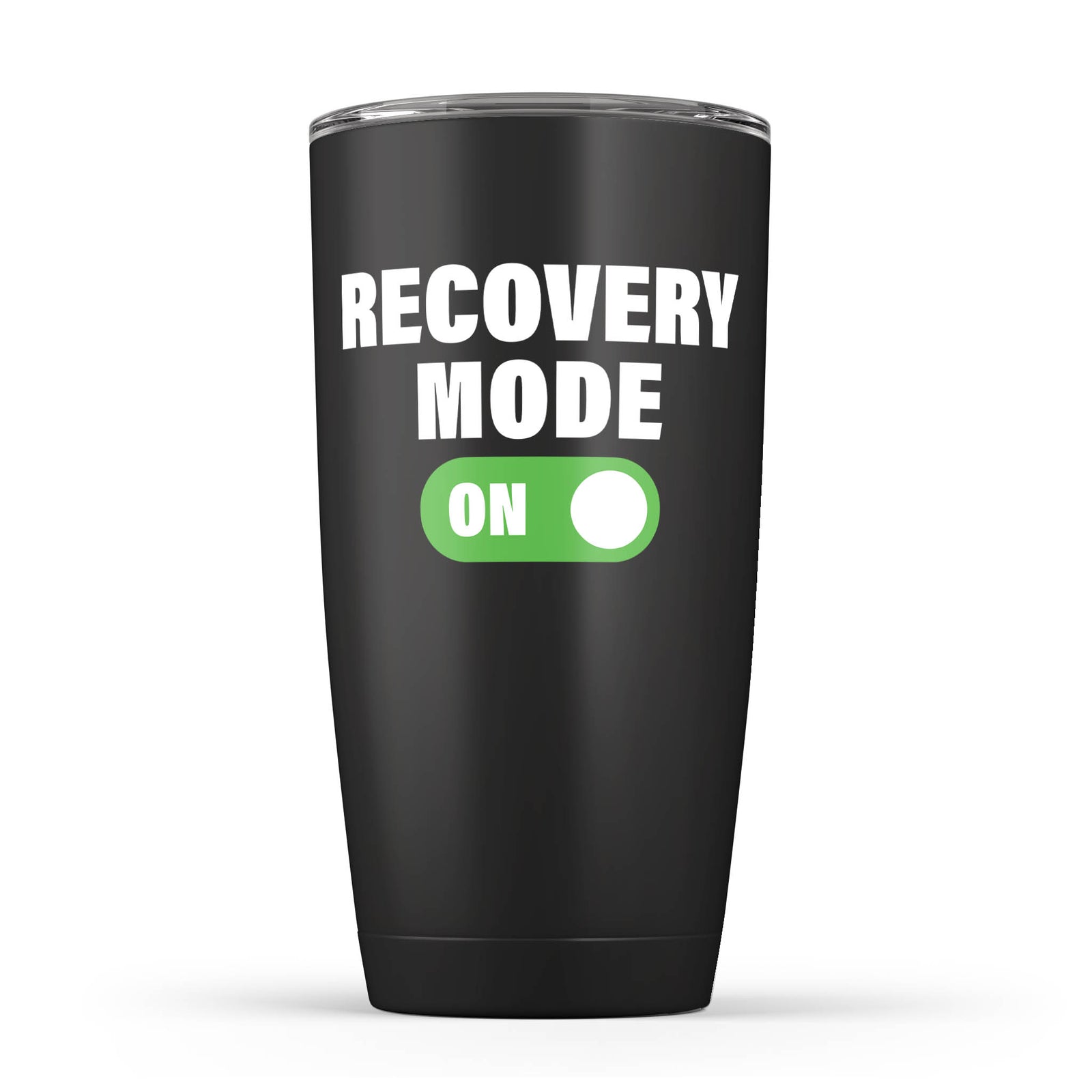 Black tumbler with “Recovery Mode ON” text and green switch graphic