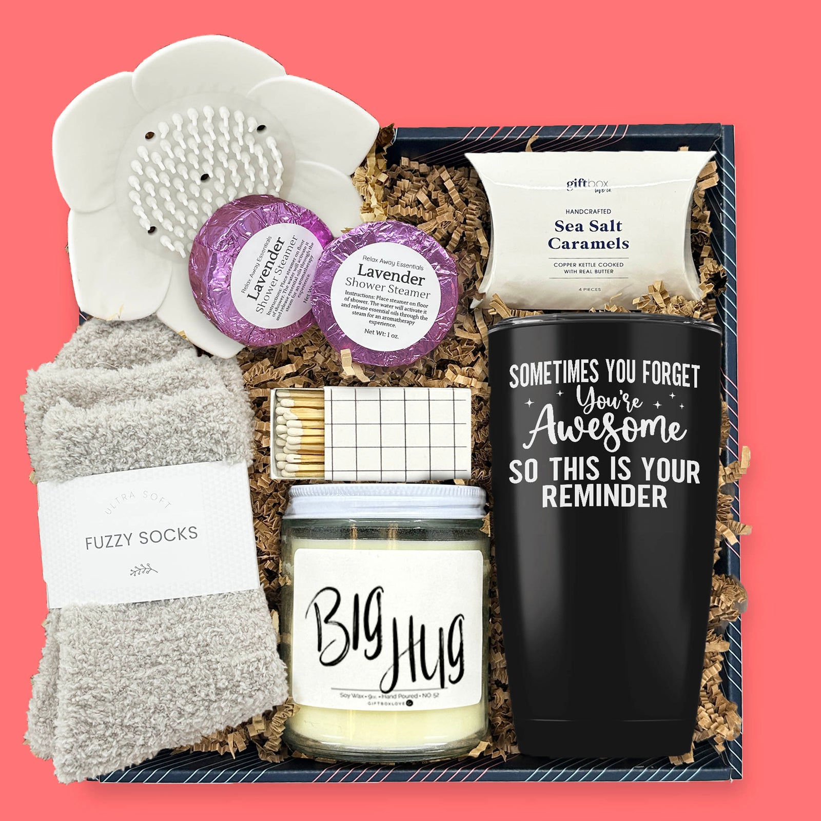 self care gift box with candle tumbler socks and shower steamers