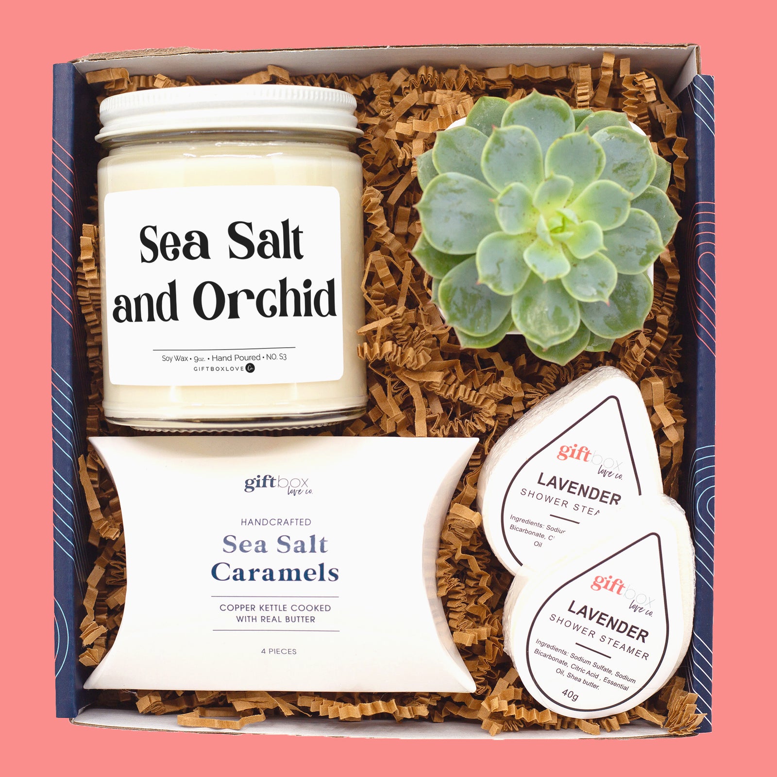 Relaxation gift box with candle, succulent, lavender shower steamers, and caramels
