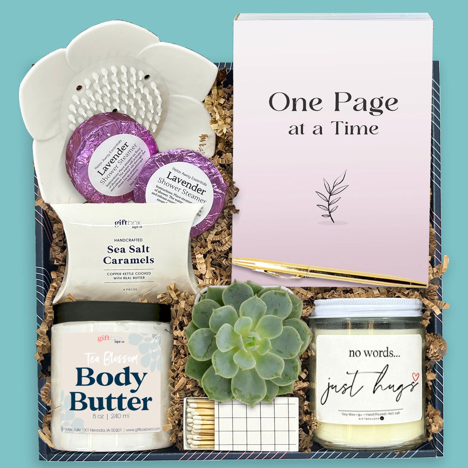 Rest and Reflect sympathy gift box with journal blanket candle succulent and self care items