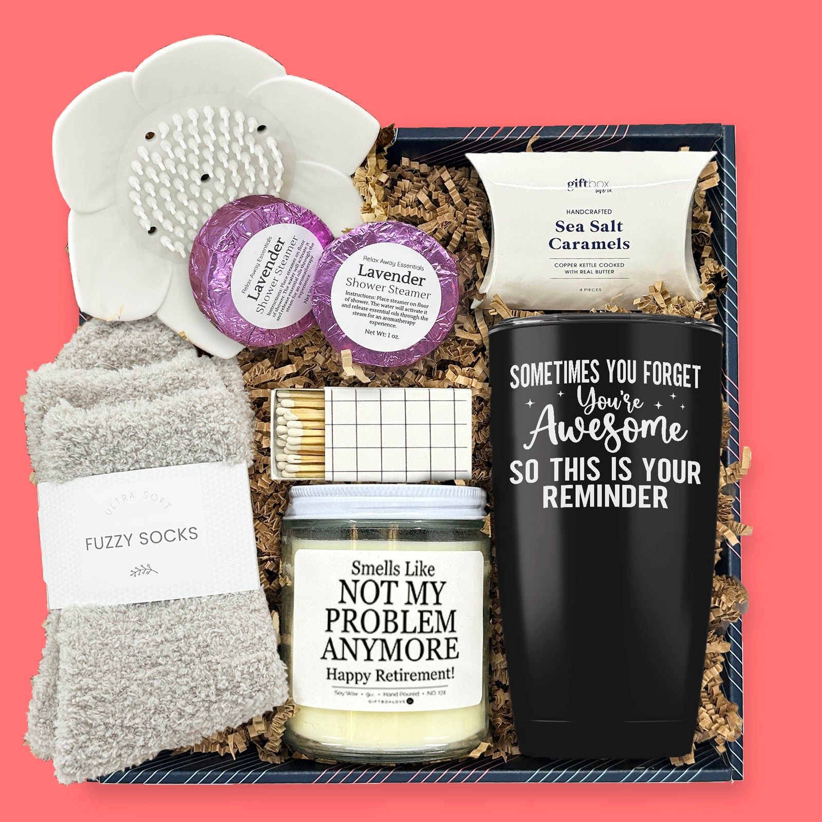 retirement gift box with candle tumbler socks and shower steamers