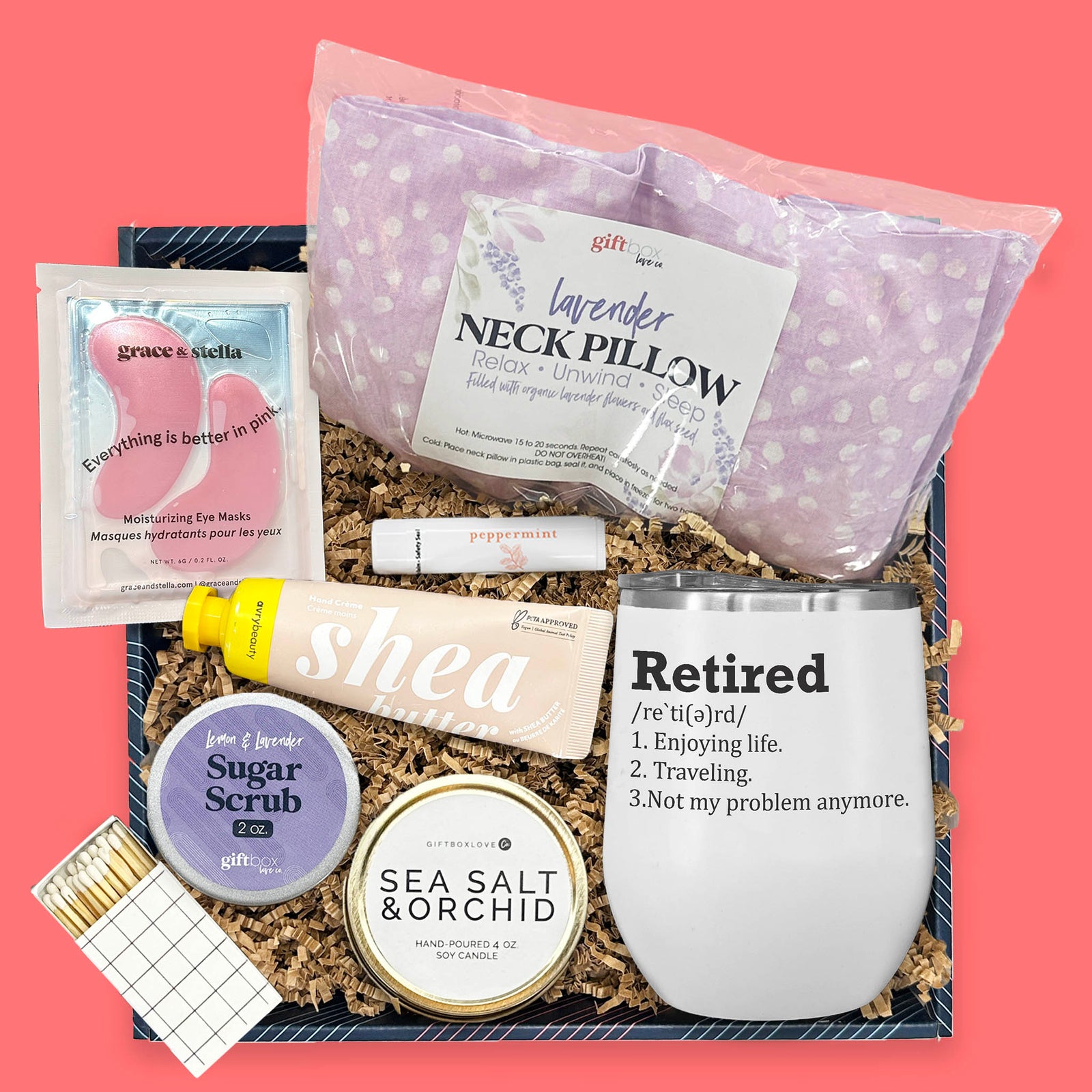retirement spa gift box with neck pillow candle and skincare
