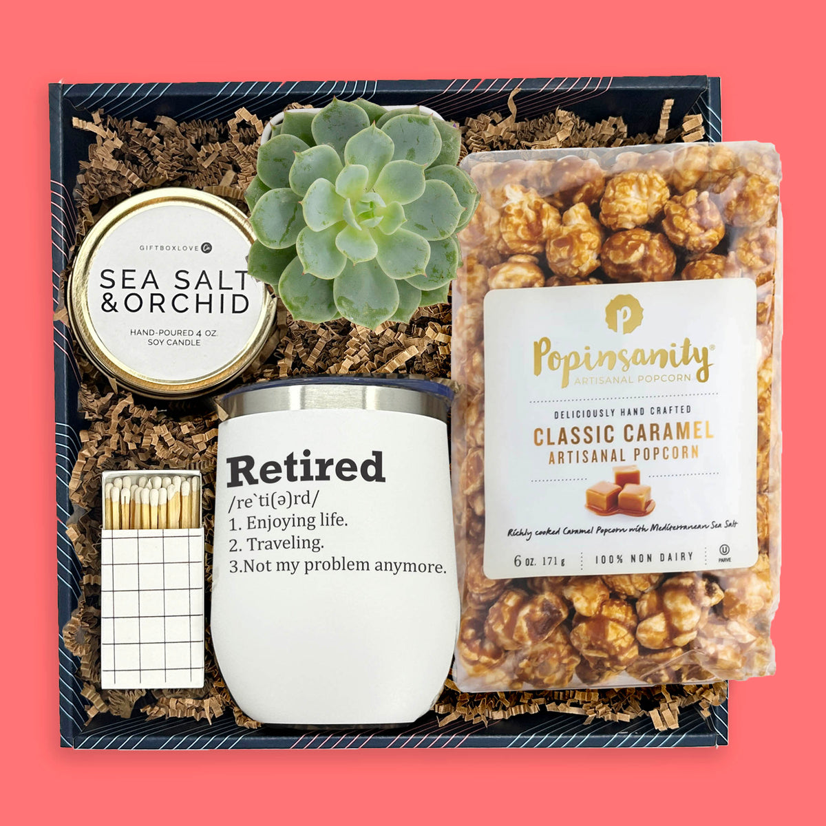 Retirement gift box with Retired Definition tumbler, succulent, candle and caramel popcorn