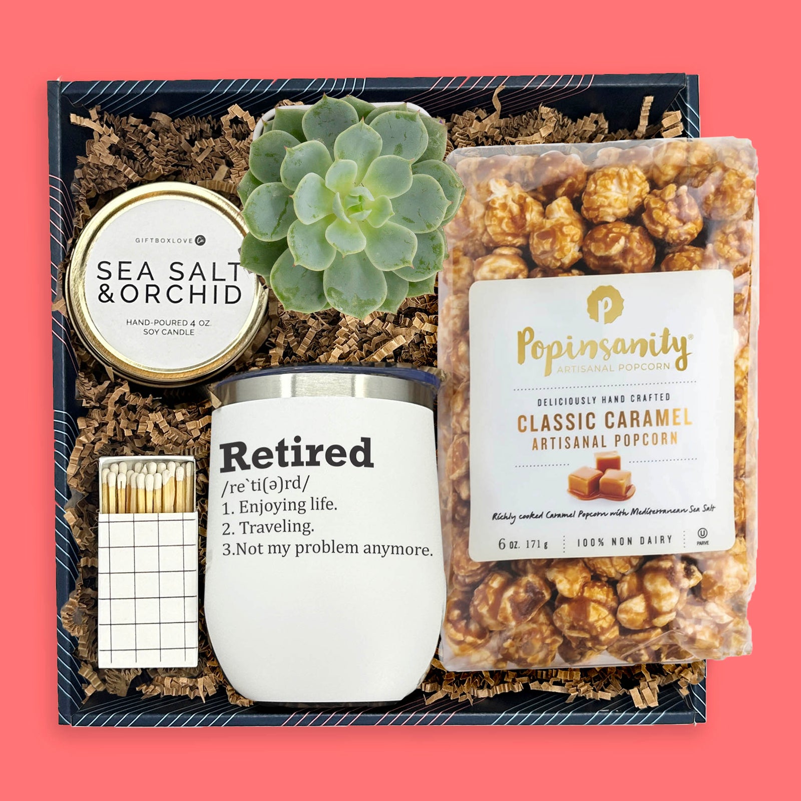 Retirement gift box with Retired Definition tumbler, succulent, candle and caramel popcorn