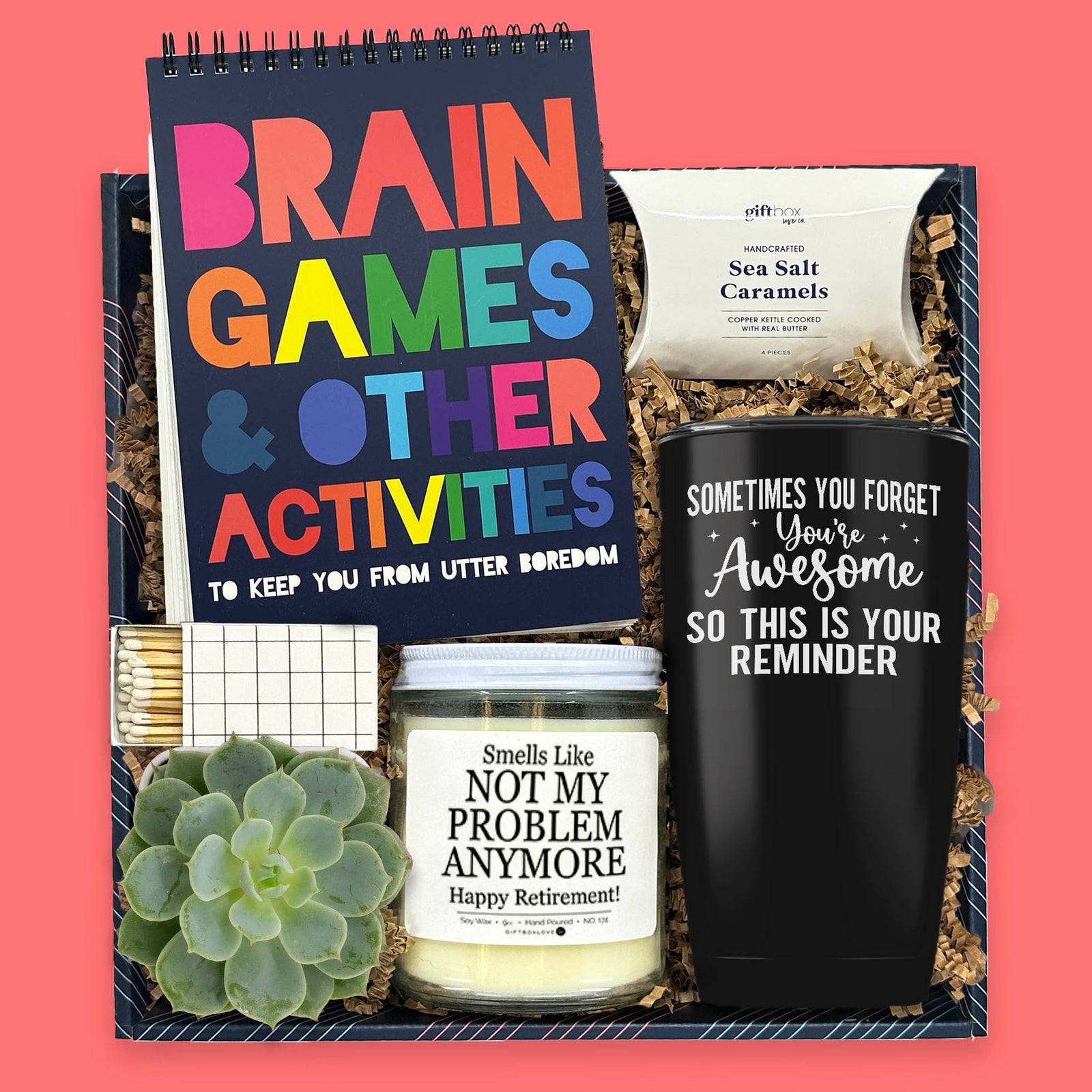 retirement gift box with candle tumbler succulent and activity book