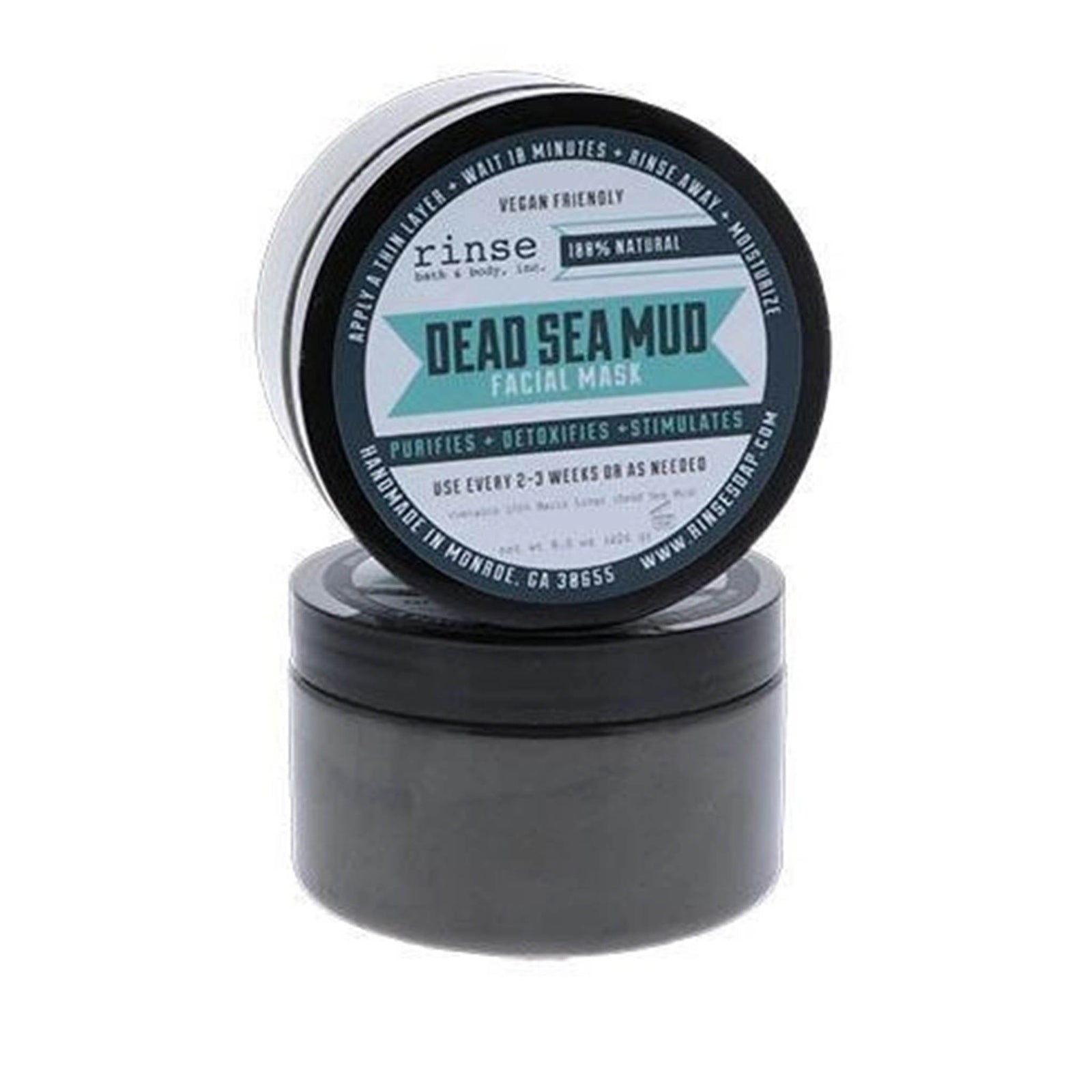 Rinse Dead Sea Mud Facial Mask in black jar with turquoise label, 98% natural vegan-friendly skincare mask.