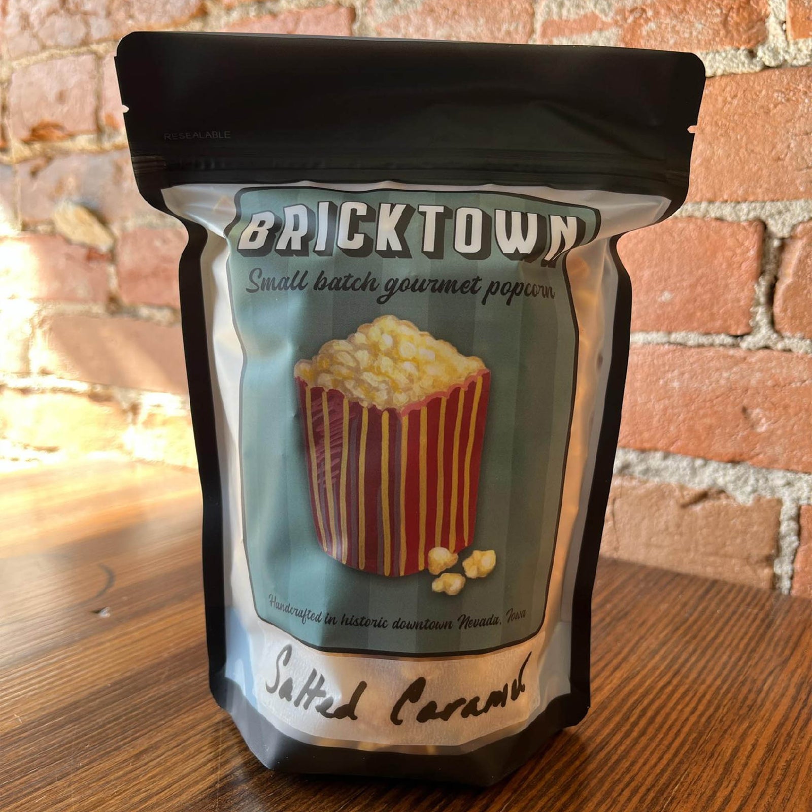 Salted caramel popcorn in resealable bag, small batch gourmet