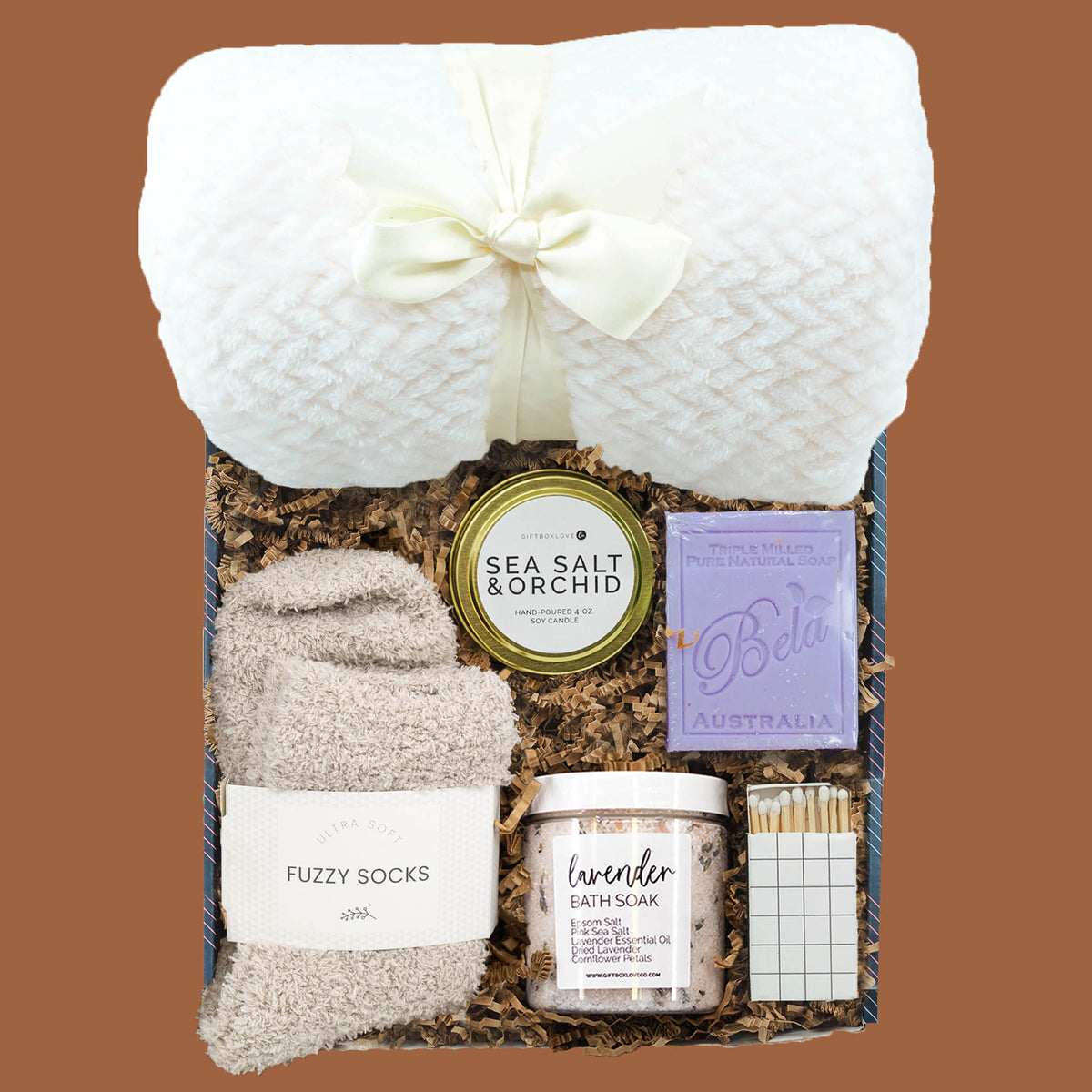 sending autumn comfort gift box with plush blanket fuzzy socks lavender bath soak candle and soap