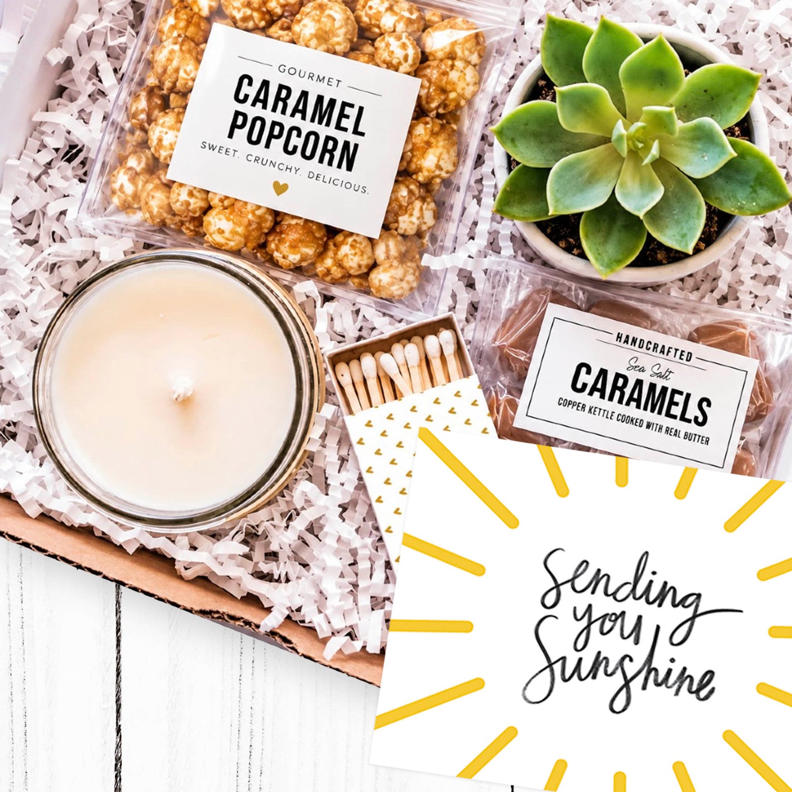 Sending You Sunshine succulent gift box with candle, caramel popcorn and sea salt caramels