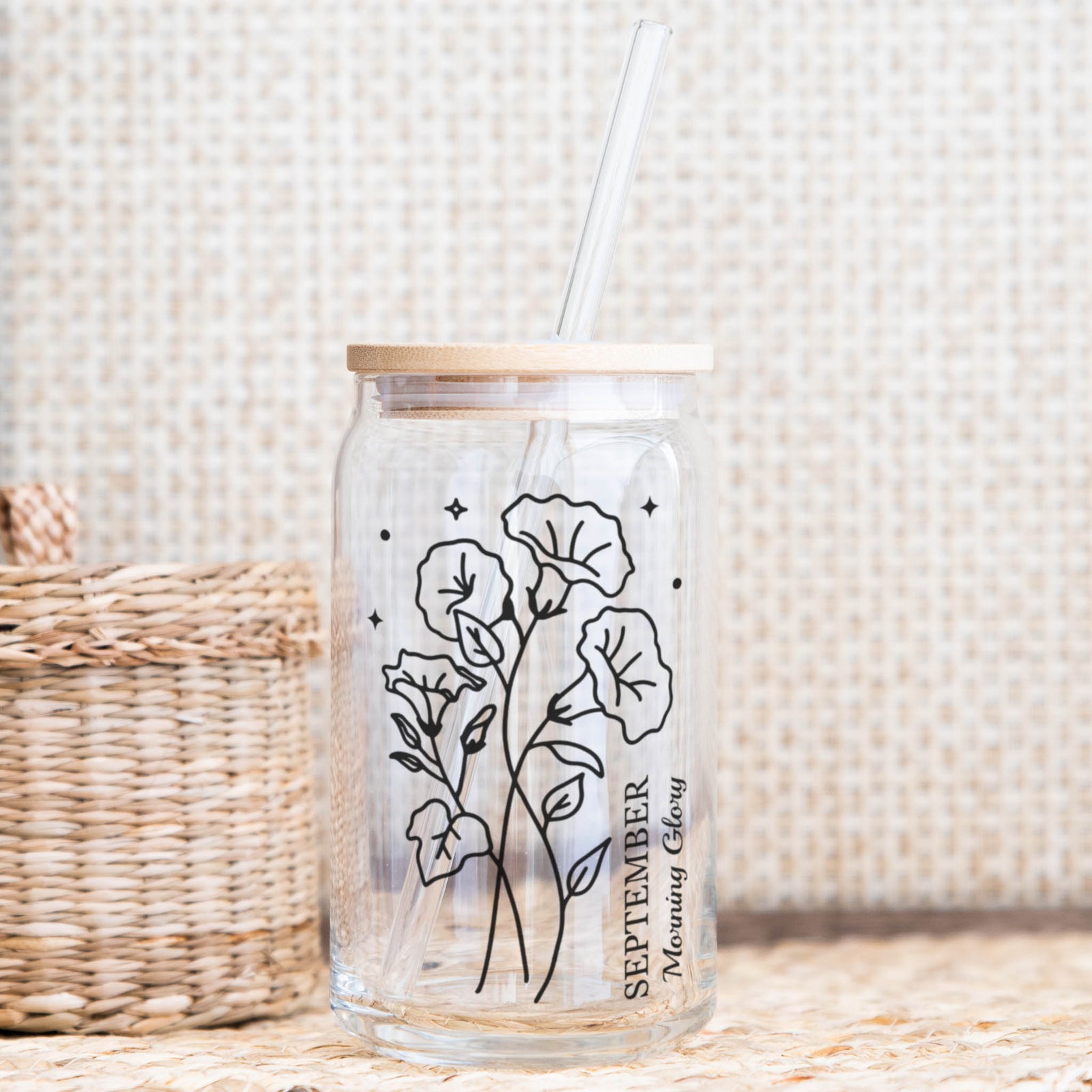 September morning glory birth flower Libby glass with bamboo lid and glass straw