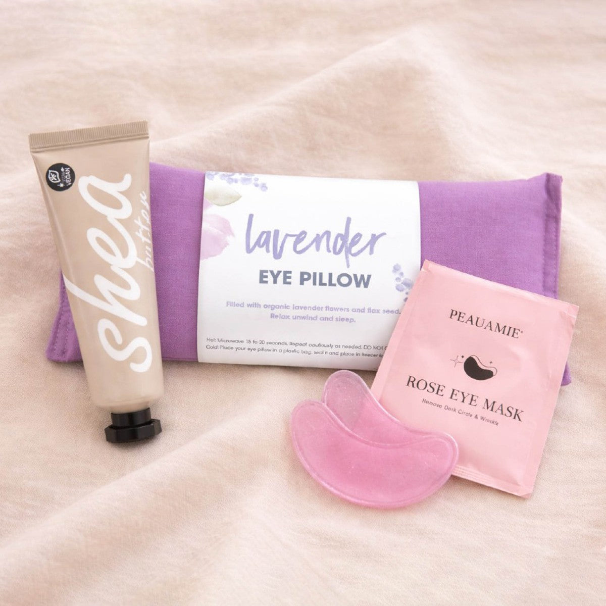 Relaxation bundle with shea butter lotion, rose eye gels and lavender eye pillow