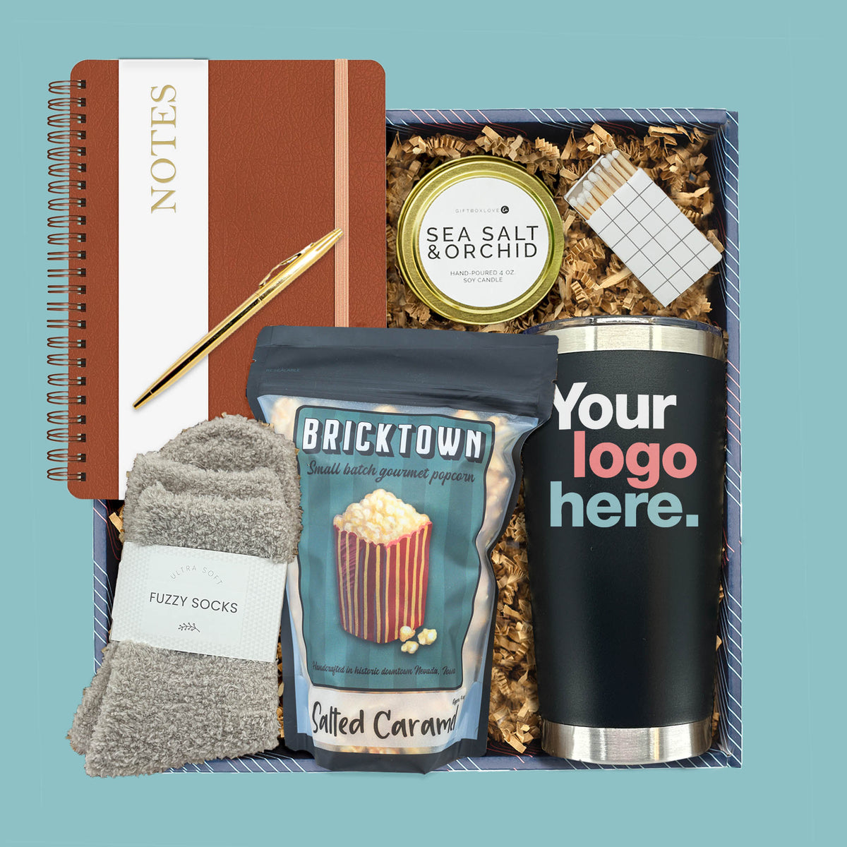 corporate employee appreciation gift box with custom tumbler and notebook