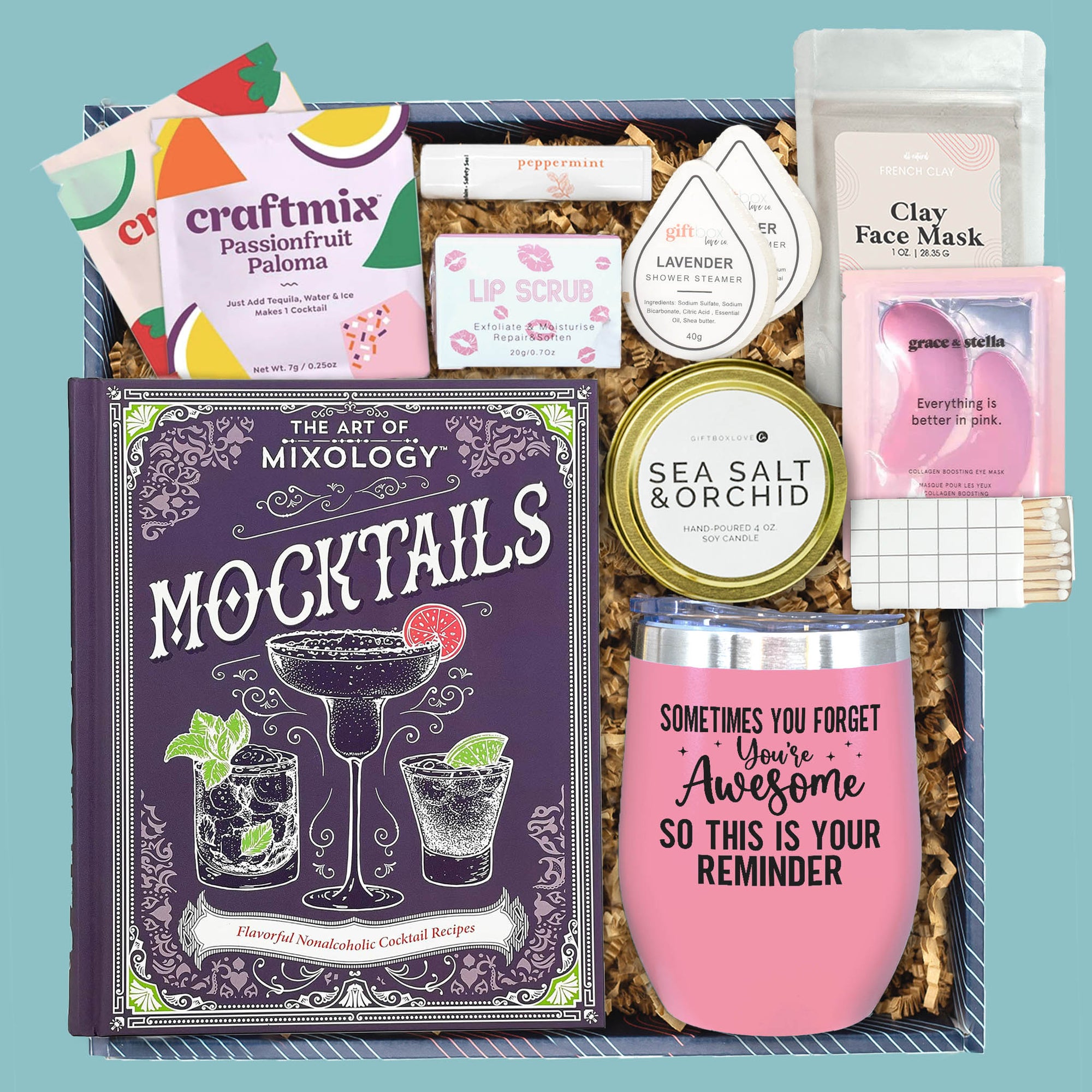 Sip & Spa Gift Box with mocktail book, tumbler, candle, and self-care essentials