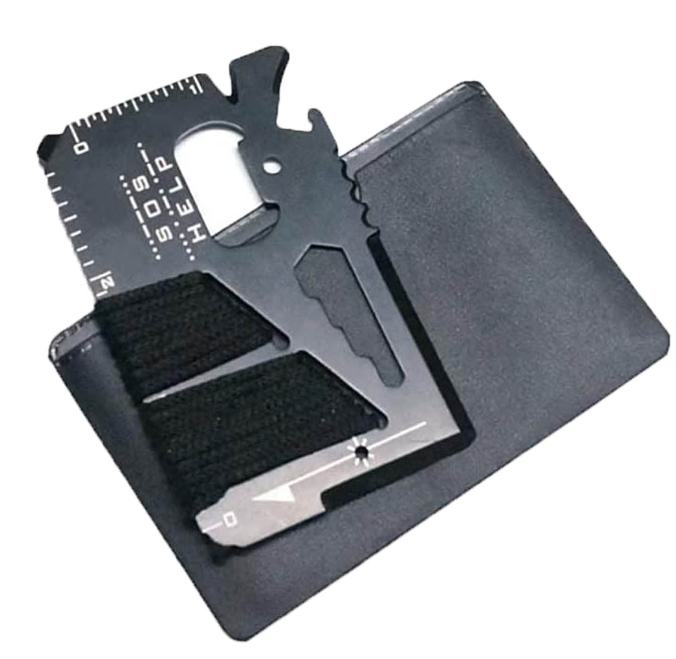 slim black survival card multitool with ruler, opener, and wrench features in a wallet sleeve