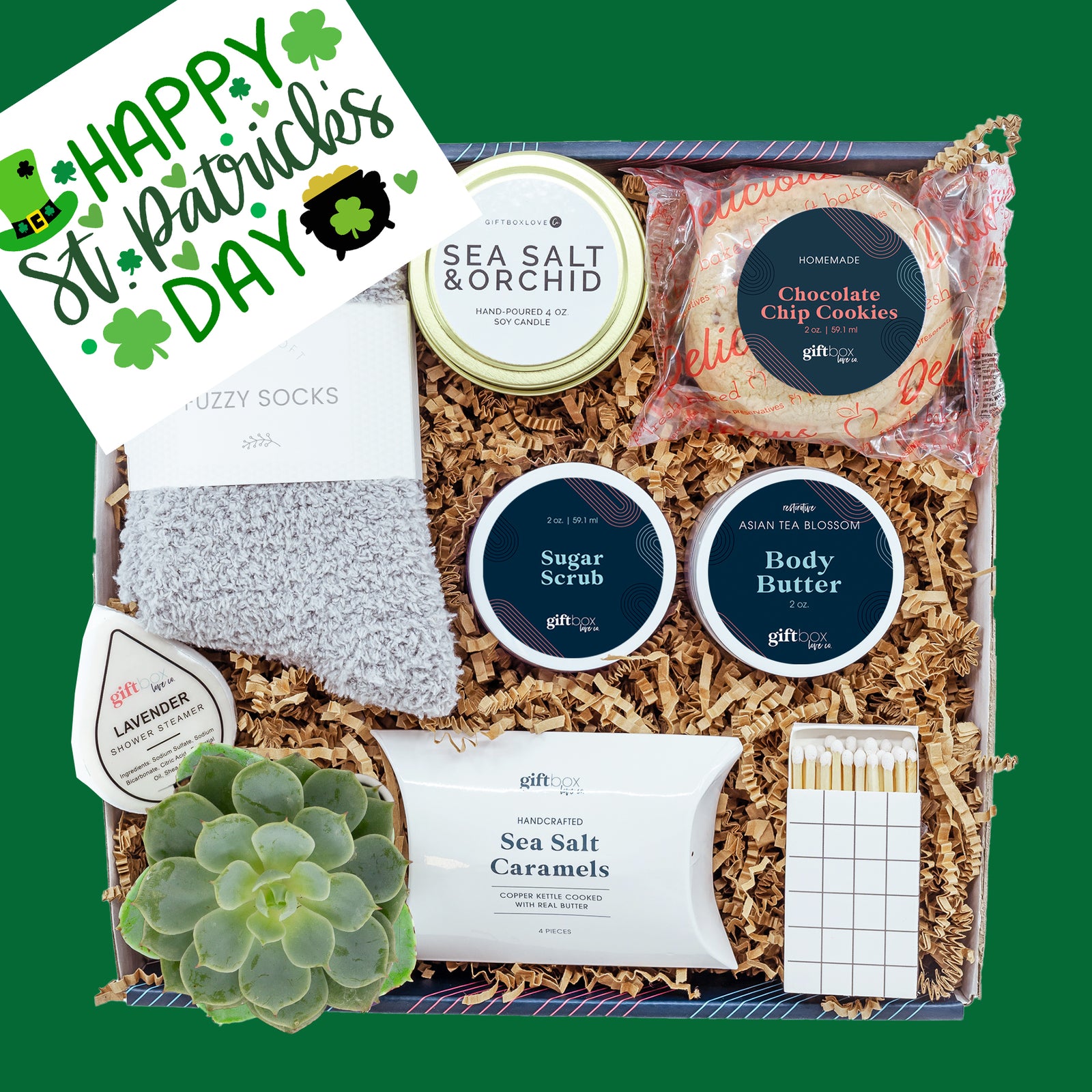 St. Patrick’s Day gift box featuring festive treats and relaxation essentials, perfect for spreading luck, joy, and Irish cheer.