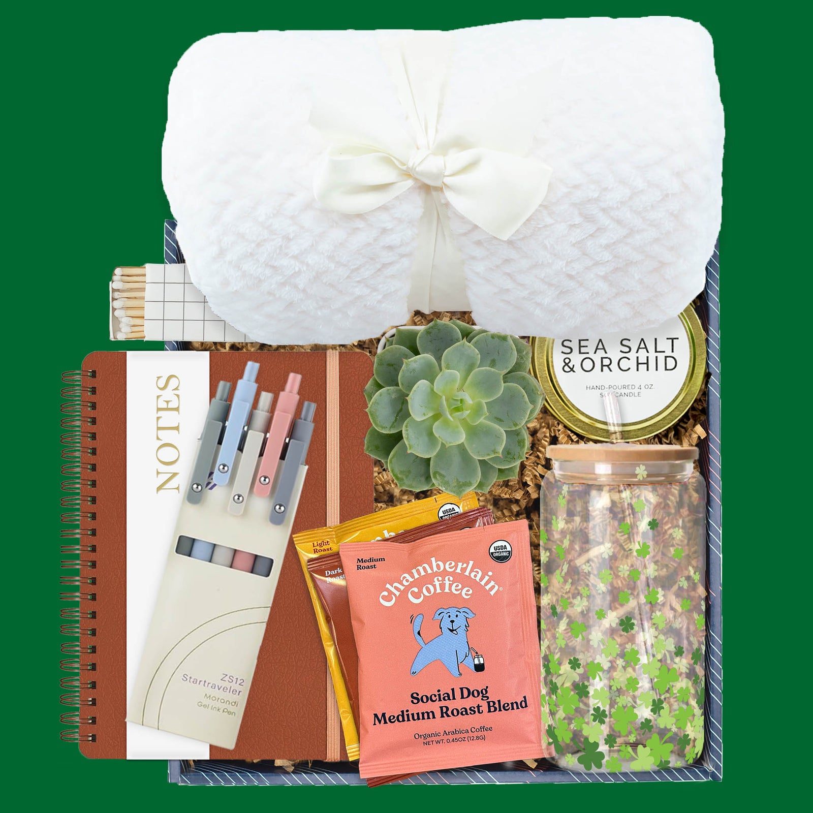 St. Patrick’s Day gift box with blanket, journal, gel pens, succulent, candle, shamrock tumbler, and coffee packs.