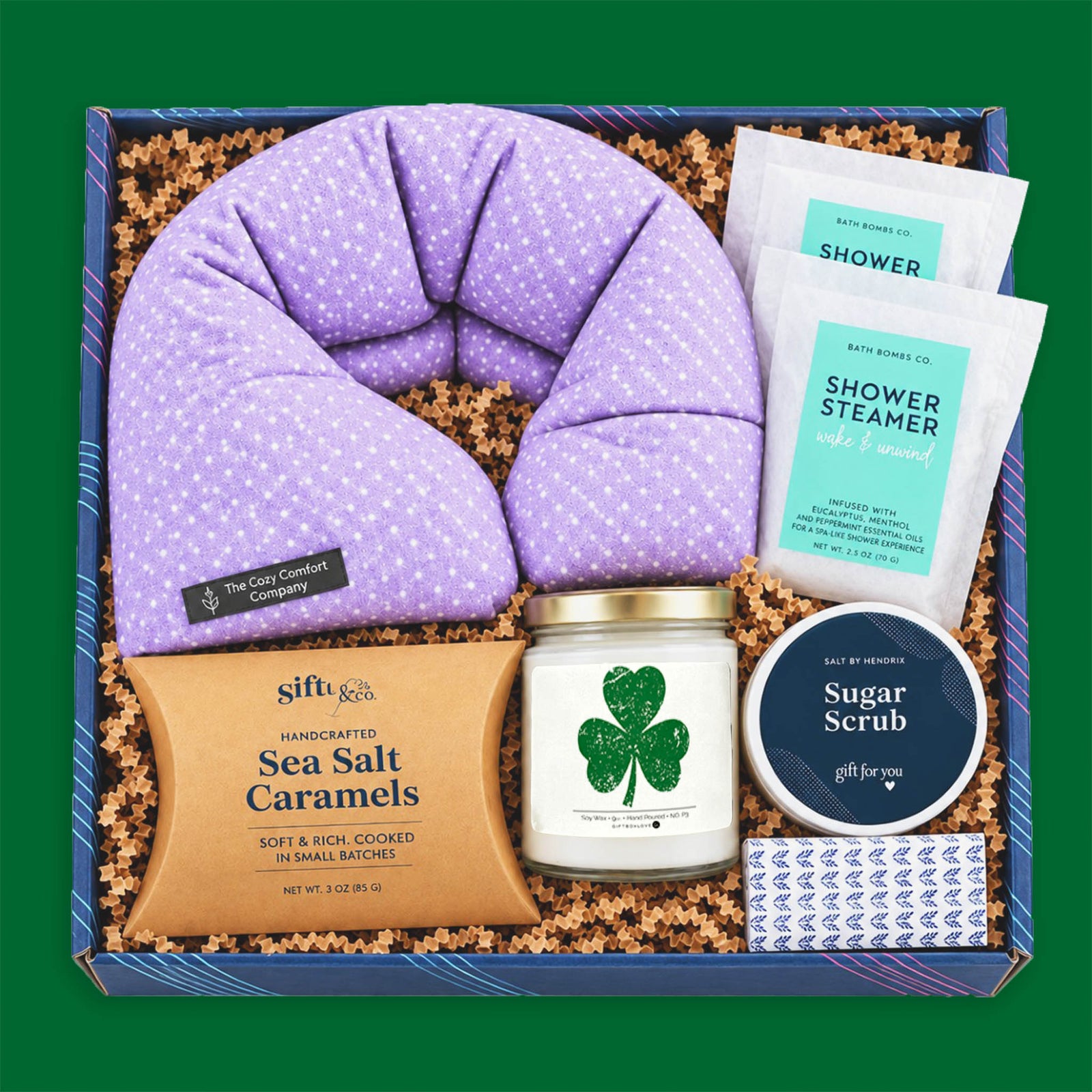 St. Patrick's Day Sweet Treats and Self-Care Gift Box with lavender neck wrap, shamrock candle, shower steamers, sugar scrub, sea salt caramels, and matches