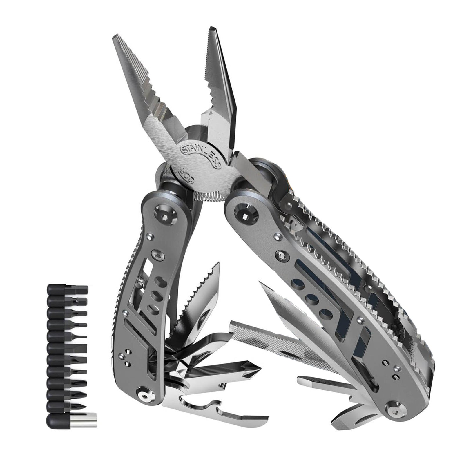 stainless steel multitool with fold-out tools and bit set displayed open