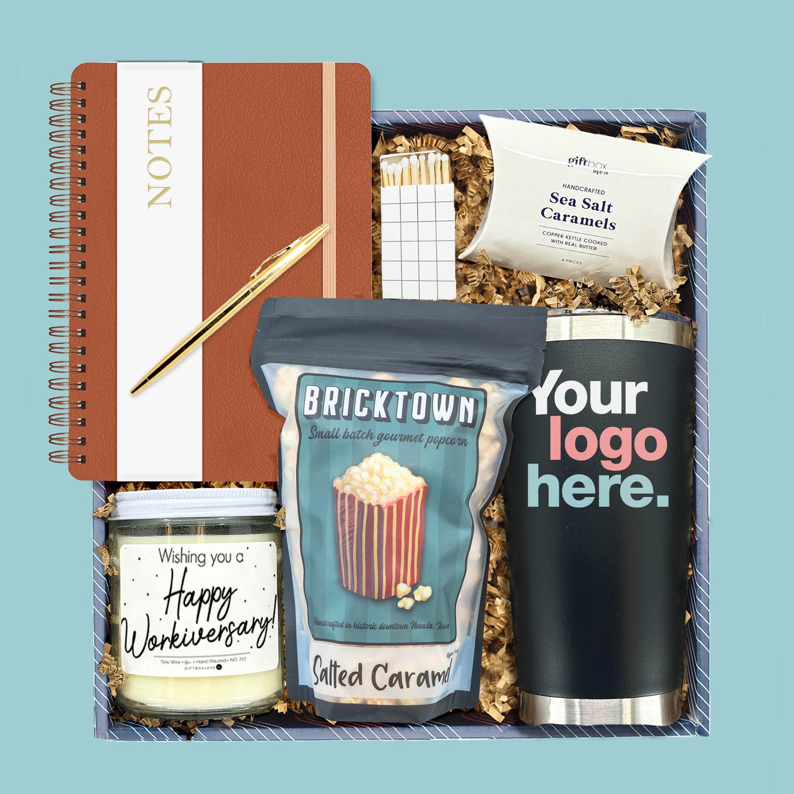 corporate success and snack gift box with tumbler notebook popcorn and candle