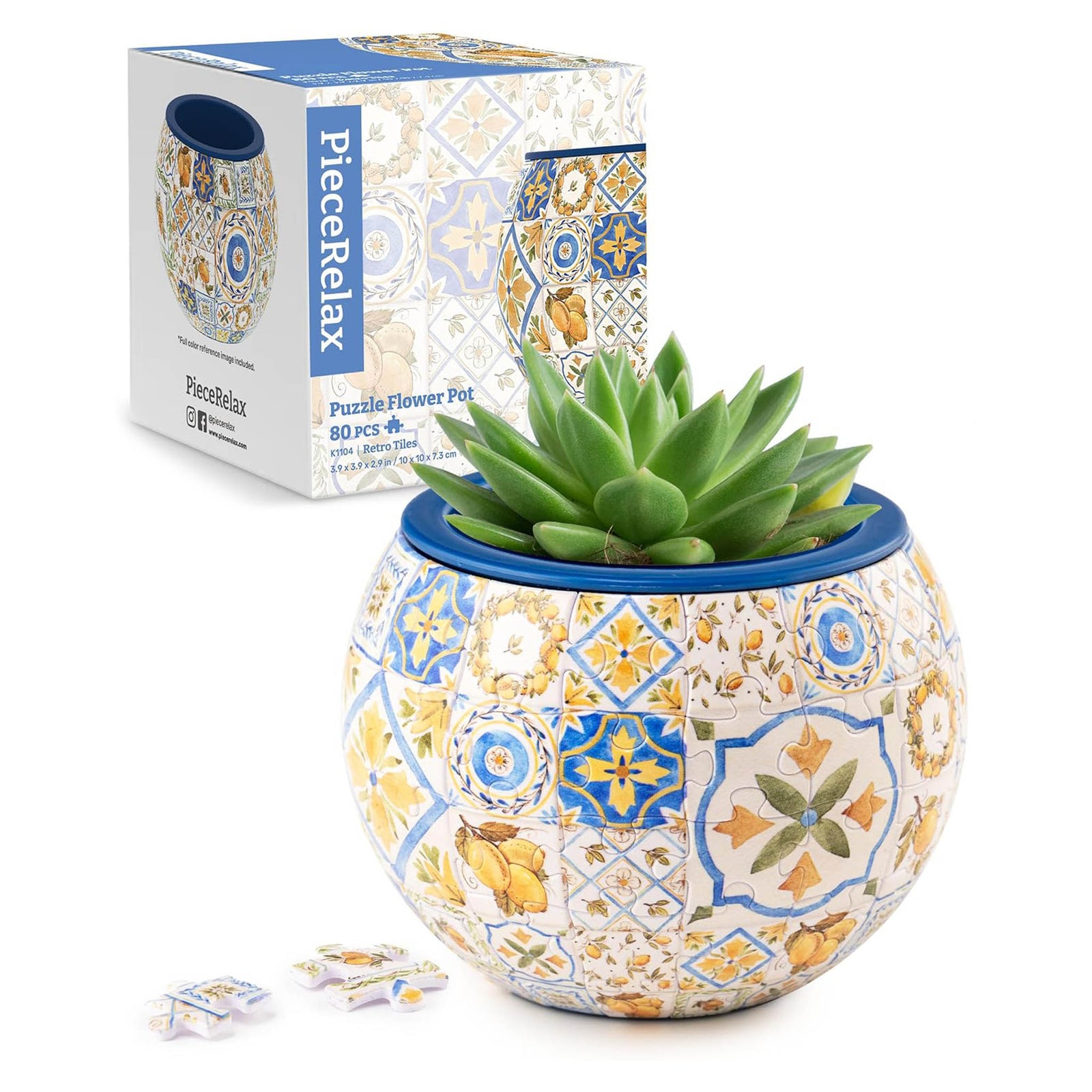 80 piece succulent pot puzzle with blue and yellow tile design