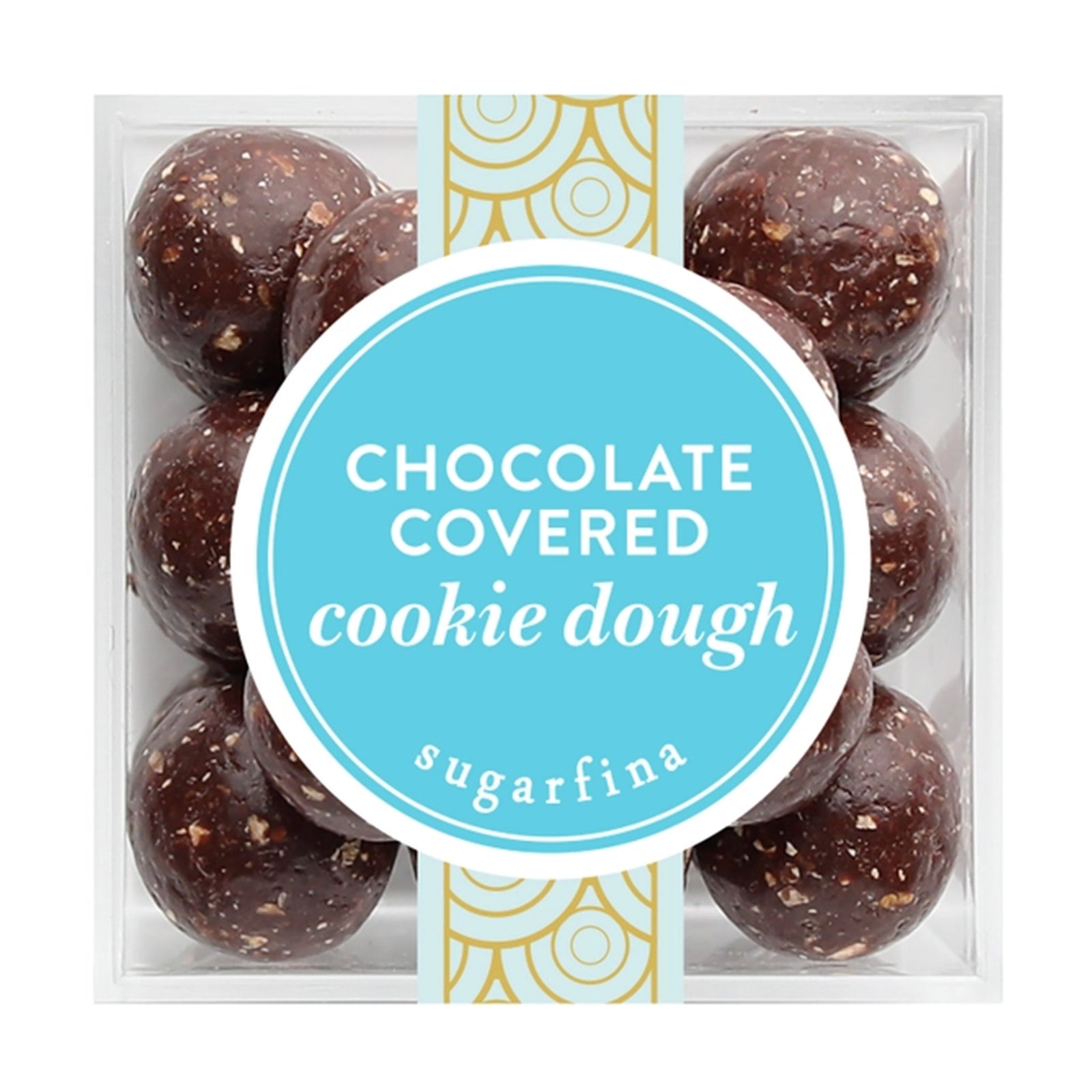 Sugarfina chocolate covered cookie dough candies in clear gift box