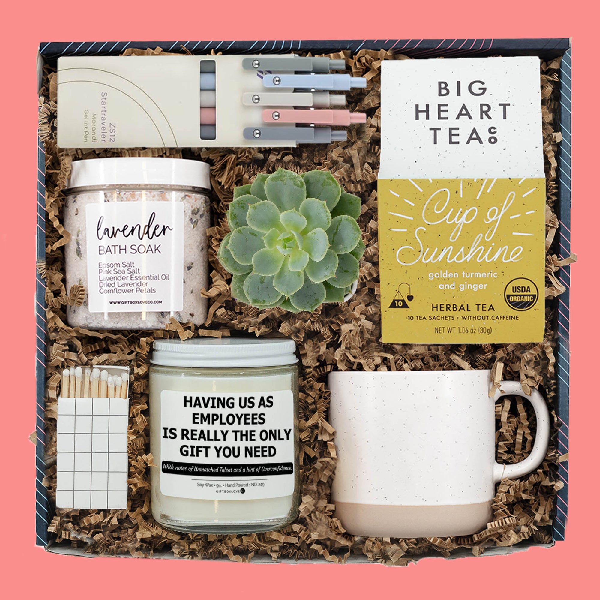 Boss’s Day gift box with candle, tea, mug, succulent, bath soak, and pens.