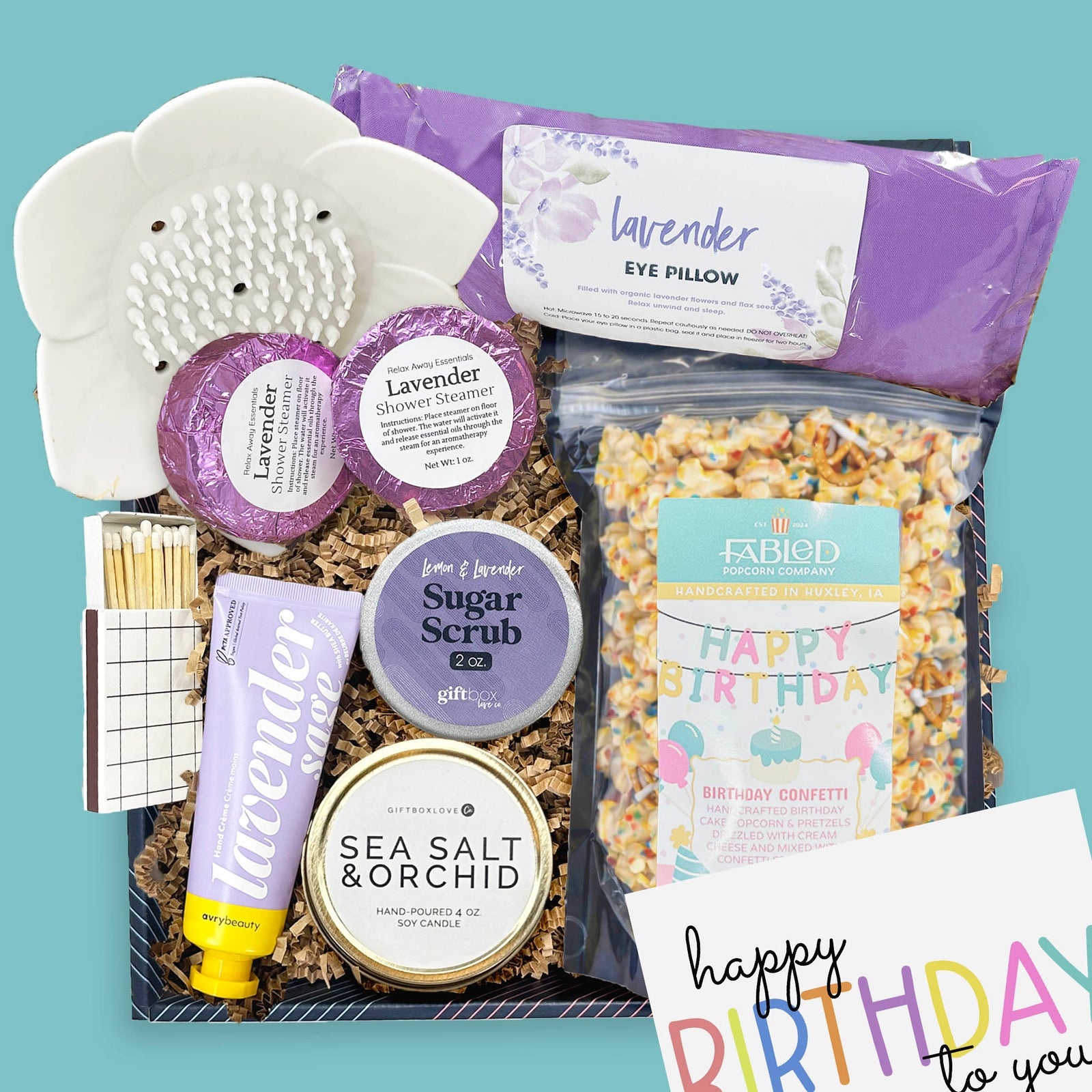 birthday self care gift box with lavender spa items popcorn and candle