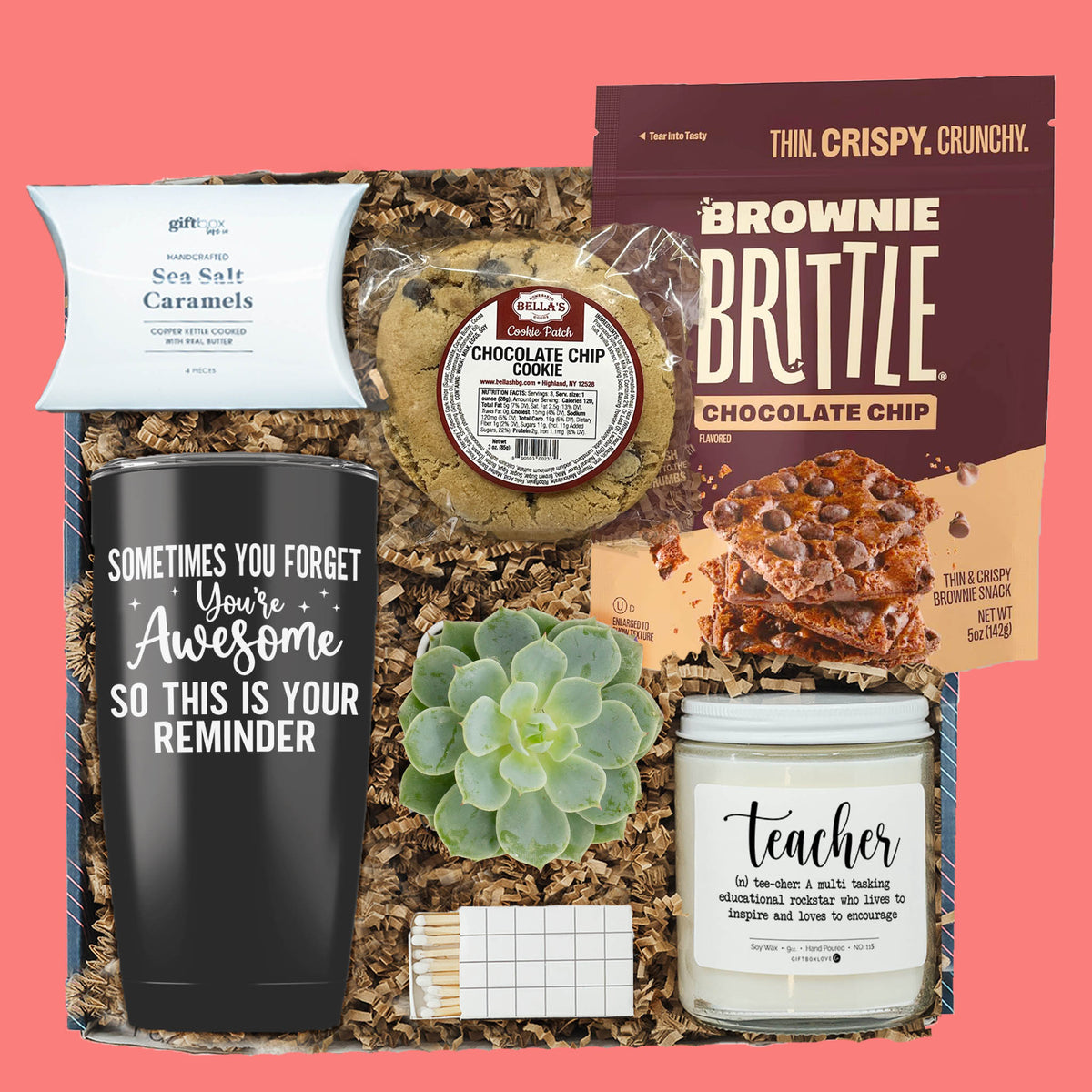 sweet thanks teacher gift box with tumbler teacher candle succulent cookies brownie brittle and caramels