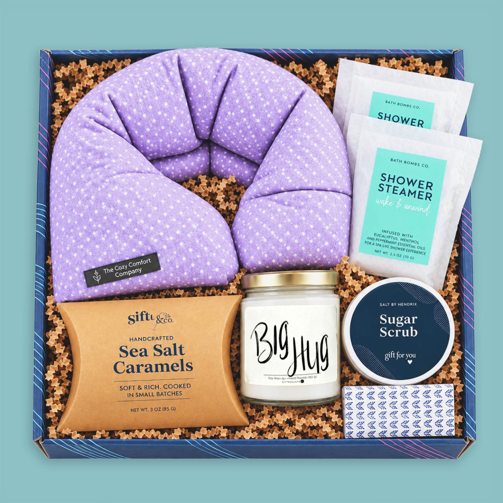 Sweet Treats and Self Care Gift Box with lavender neck wrap, shower steamers, candle, sugar scrub, and sea salt caramels